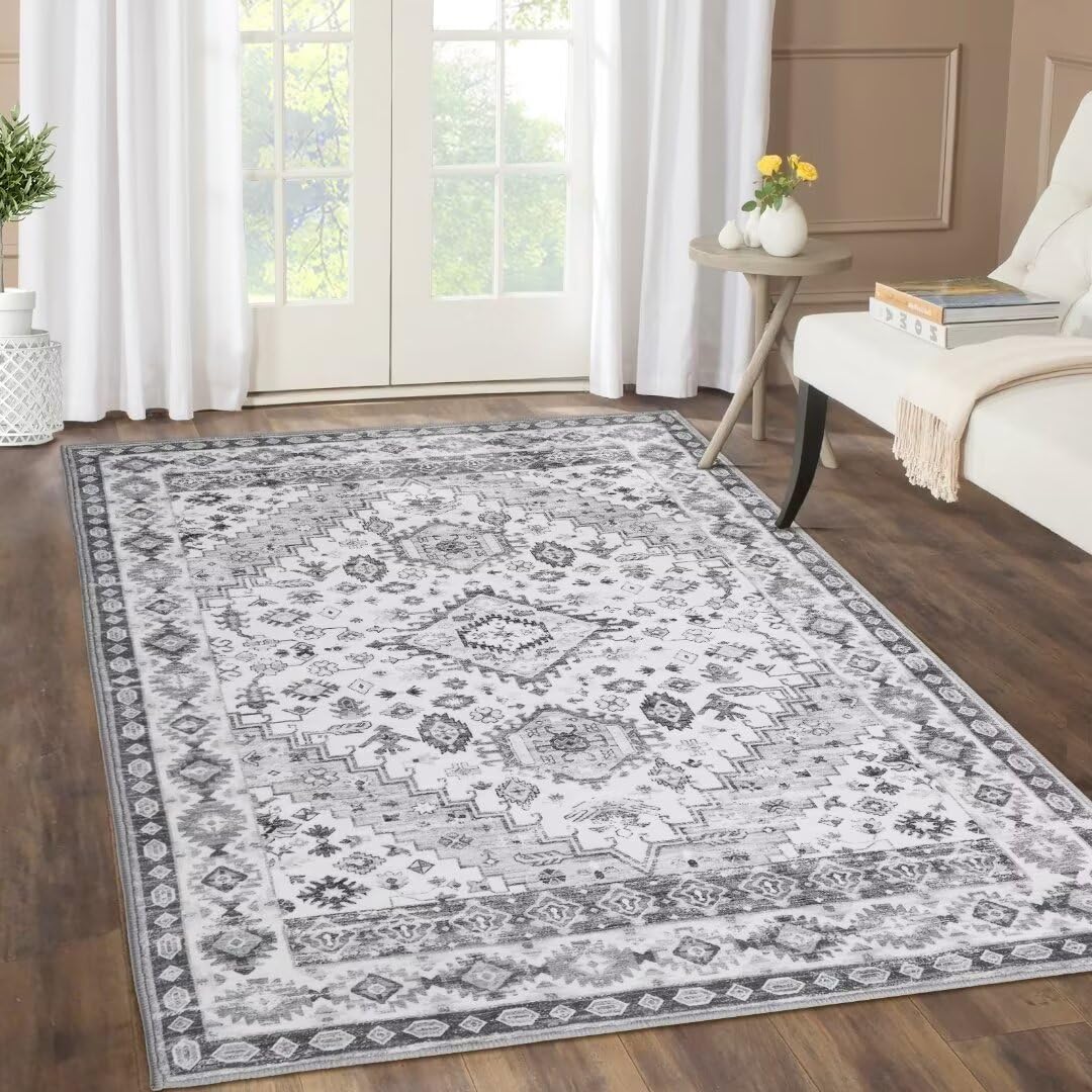 Tapis de salon gris 120x170 lavable anti-salissures et non pelucheux