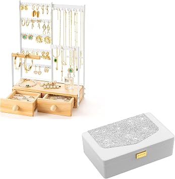 DreamGenius White Jewelry Organizer Include 145 Holes and Grey Jewelry Box with Glitter Design