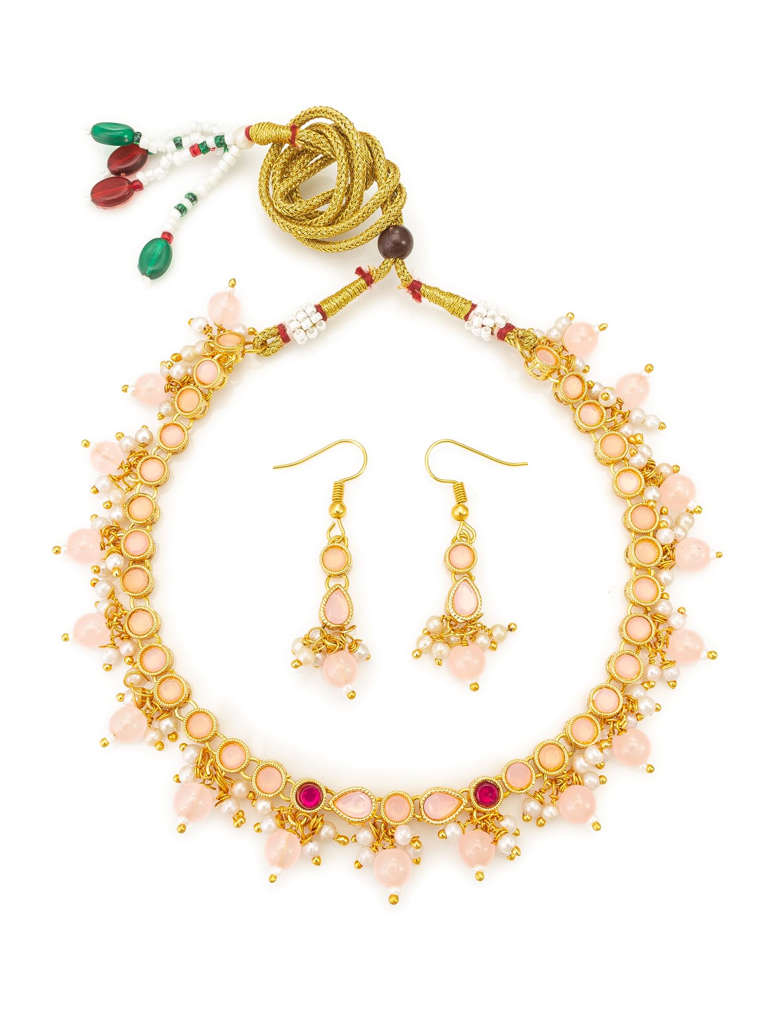 Aadita Red Beads Ethnic Choker Necklace Earring & Ring Set For Women-NK4708