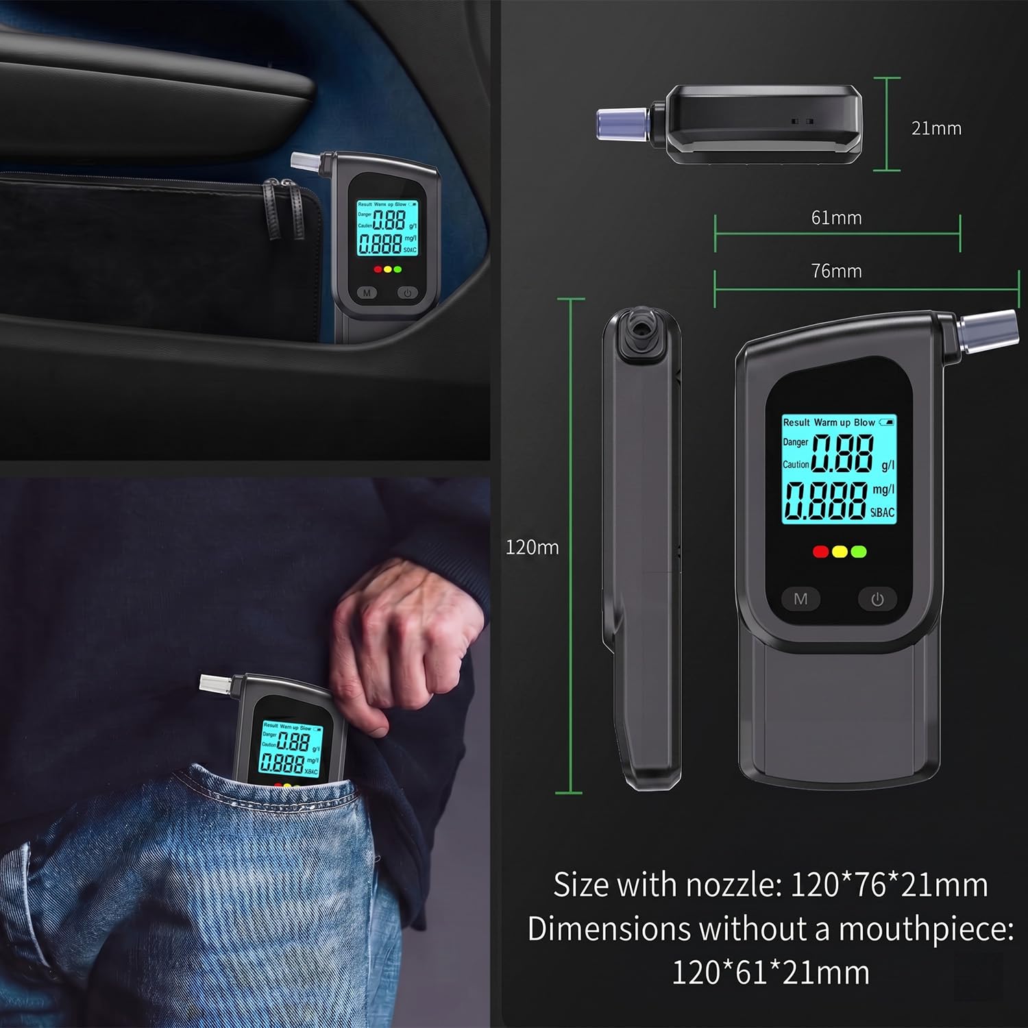 GemCoo ethylotest electronique 3 Secondes avec écran LED, ethylotest Professionnel numérique à Double Mode pour Test Rapide et précision, INCL. 10 Embouts