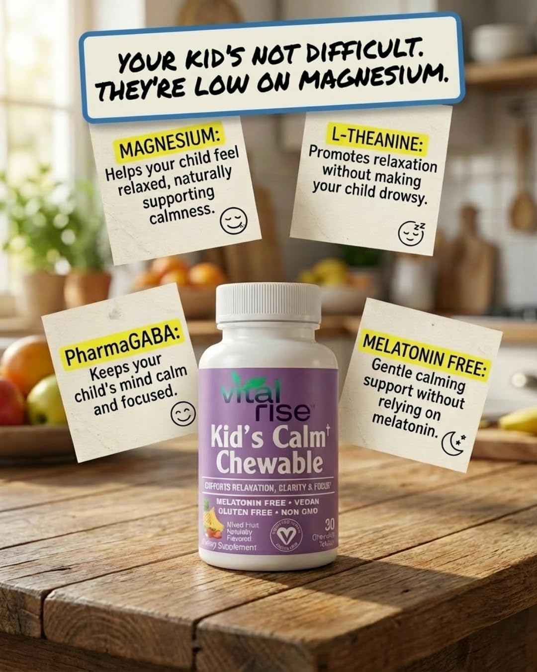 Vital Rise Kids Magnesium Chewable Tablets - Sugar-Free & Melatonin-Free Supplement for Calm, Focus & Healthy Stress Balance with Fast-Absorbing Magnesium + L-Theanine, Mixed Fruit Flavor (30 Count) - Image 8
