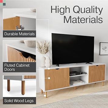 Stead Fluted TV Stand - Media Console & Console Table with Cord Management - Soft-Close Doors & Adjustable Shelves Storage Cabinet - Living Room Entertainment Center - 70-Inch White & Oak