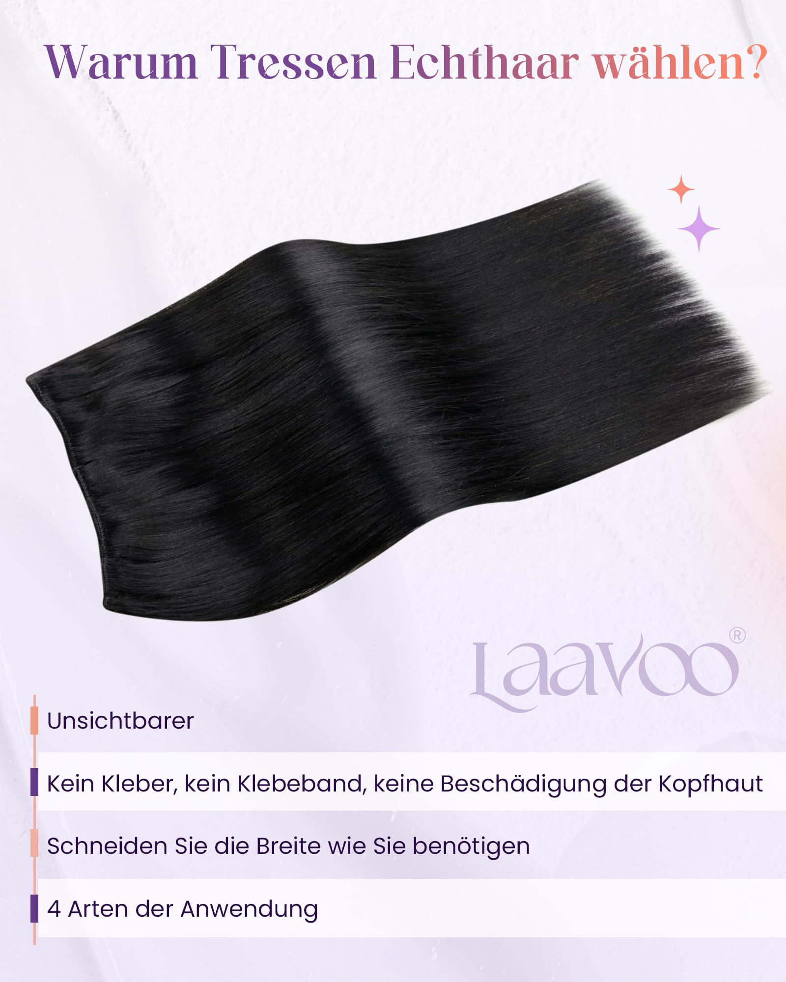 LaaVoo 60cm Echthaar Tressen zum Einnähen Schwarz #1 Remy Menschliches Haar 120g Glatt Extensions