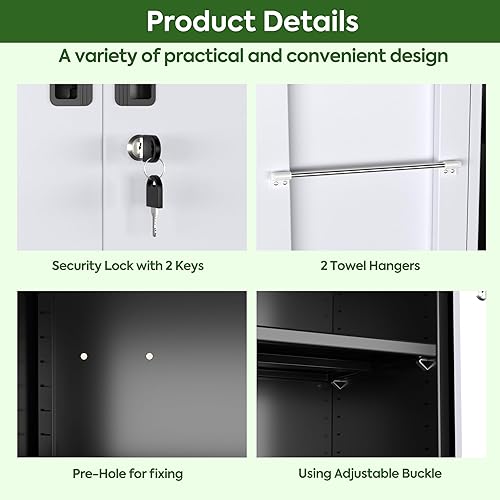 Miniatura 5 de Armario de almacenamiento de escoba con ruedas, 5 tableros de clavijas y 13 ganchos, armario de almacenamiento de metal con puertas y 4 estantes