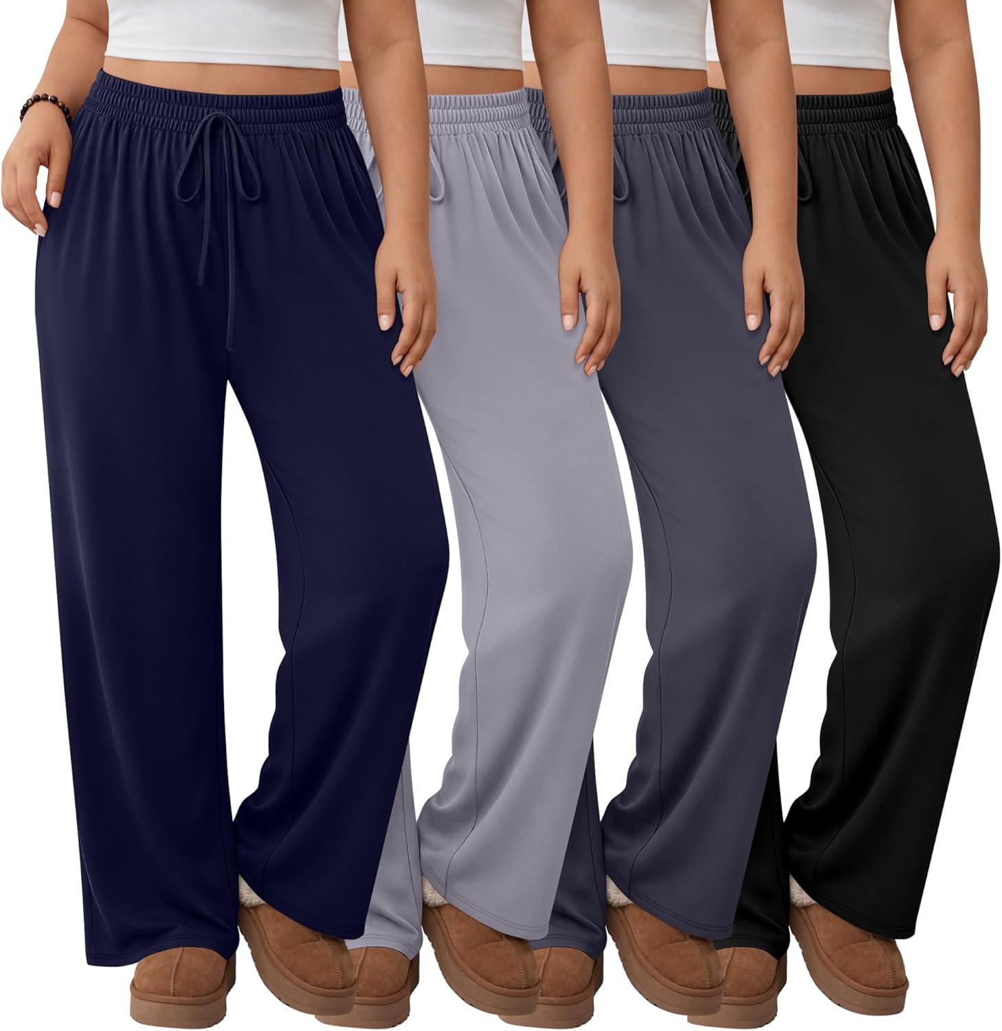 Neer 4 Pack Women's Plus Size Sweatpants Wide Leg Elastic Waist Lounge Yoga Pants Loose Fit Drawstring Jogger with Pockets
