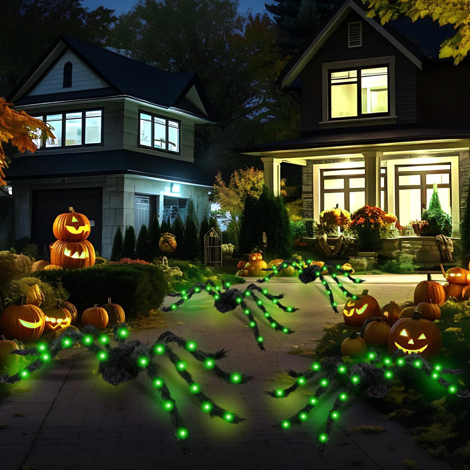 Cinnvoice 4 Pack Large Halloween Light up Spiders Decorations 4ft 2.9ft 2.4ft 2ft Black Fake Giant Light up Spider Bendable Outdoor Yard for Halloween Garden Party Decor(Green)