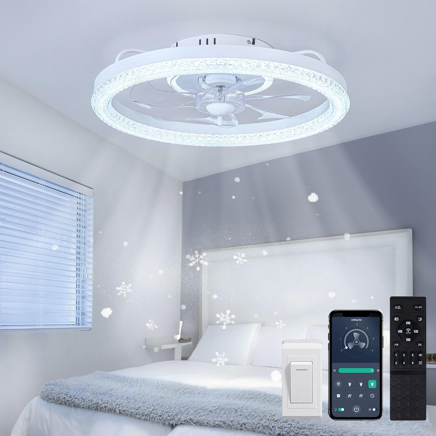 zouzai Modern Fandelier Ceiling Fan with Light, 20 inch Dimmable LED with Remote/App Control, Timing&Memory Function, Quiet DC Motor for Bedroom, Living Room (White, Crystal Cover)