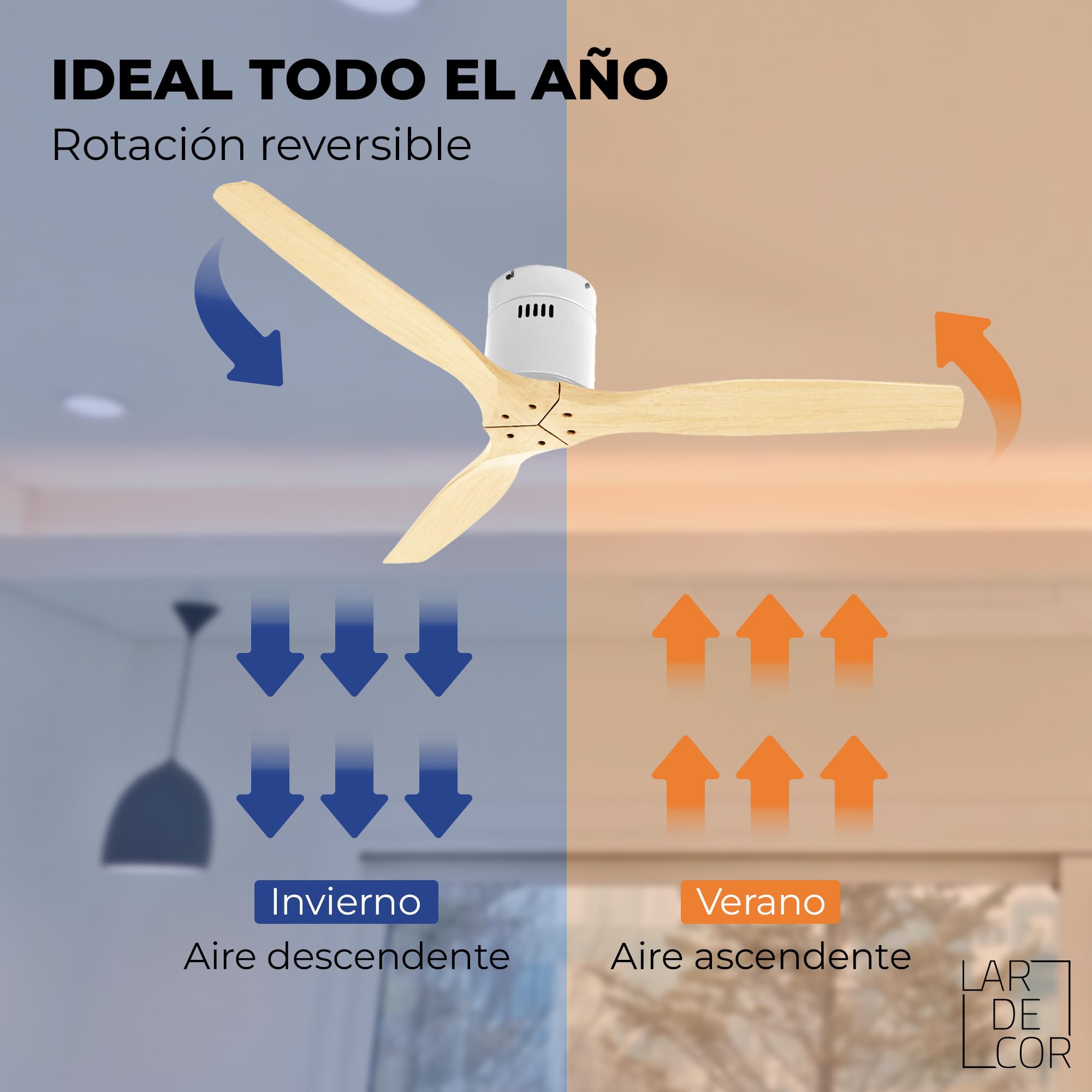 Ventilador de Techo Moderno【con WiFi】 Silencioso con Mando a Distancia, 6 Velocidades, Temporizador, Aspas de Madera, Motor DC y Función Verano-Invierno, Ø132 cm (Madera Clara)