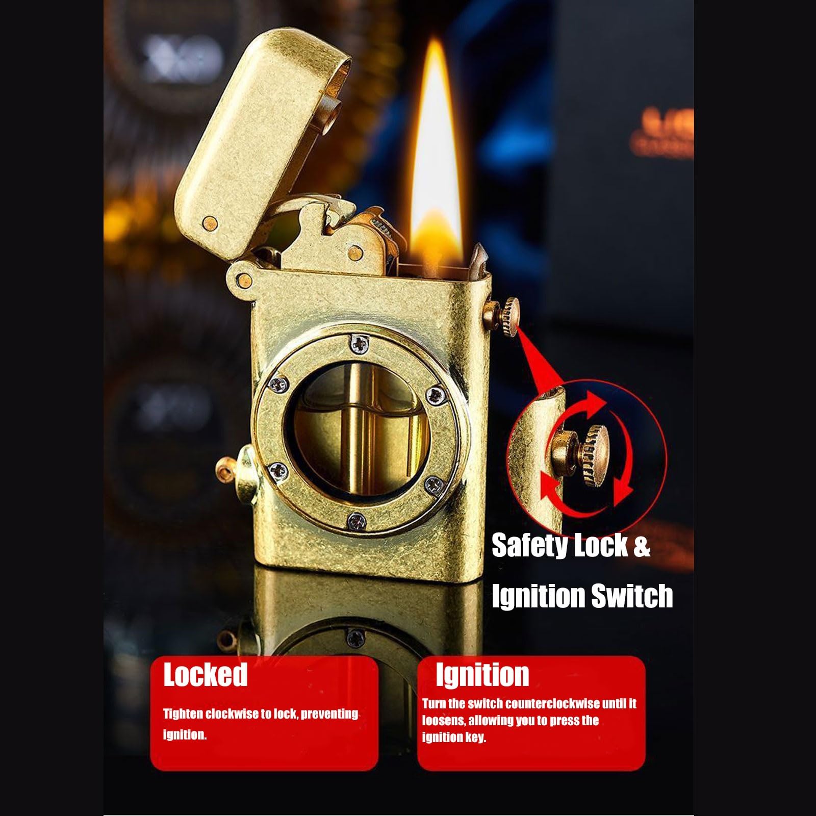 Encendedor portátil de queroseno de latón resistente al viento con bloqueo de seguridad, llama suave y tanque de aceite visible, perfecto para acampar y velas, diseño vintage hecho a mano, paquetes