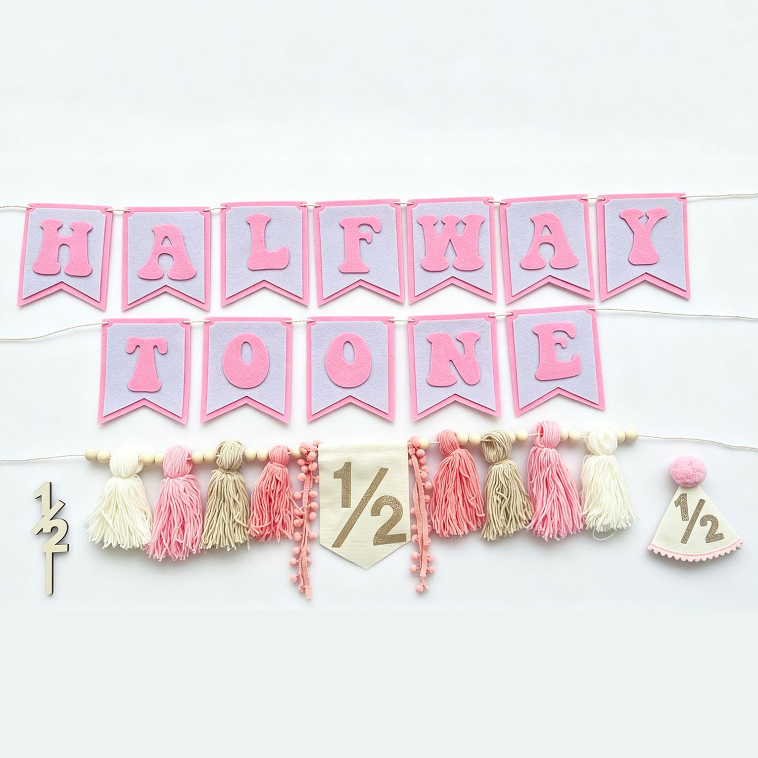 1st Birthday Decorations for Boy - Felt Happy Birthday Banner First Birthday High Chair Banner, Crown Hat, Cake Topper, Pre-Strung Highchair Birthday Banner Birthday Party Supplies (Pink Half 3)