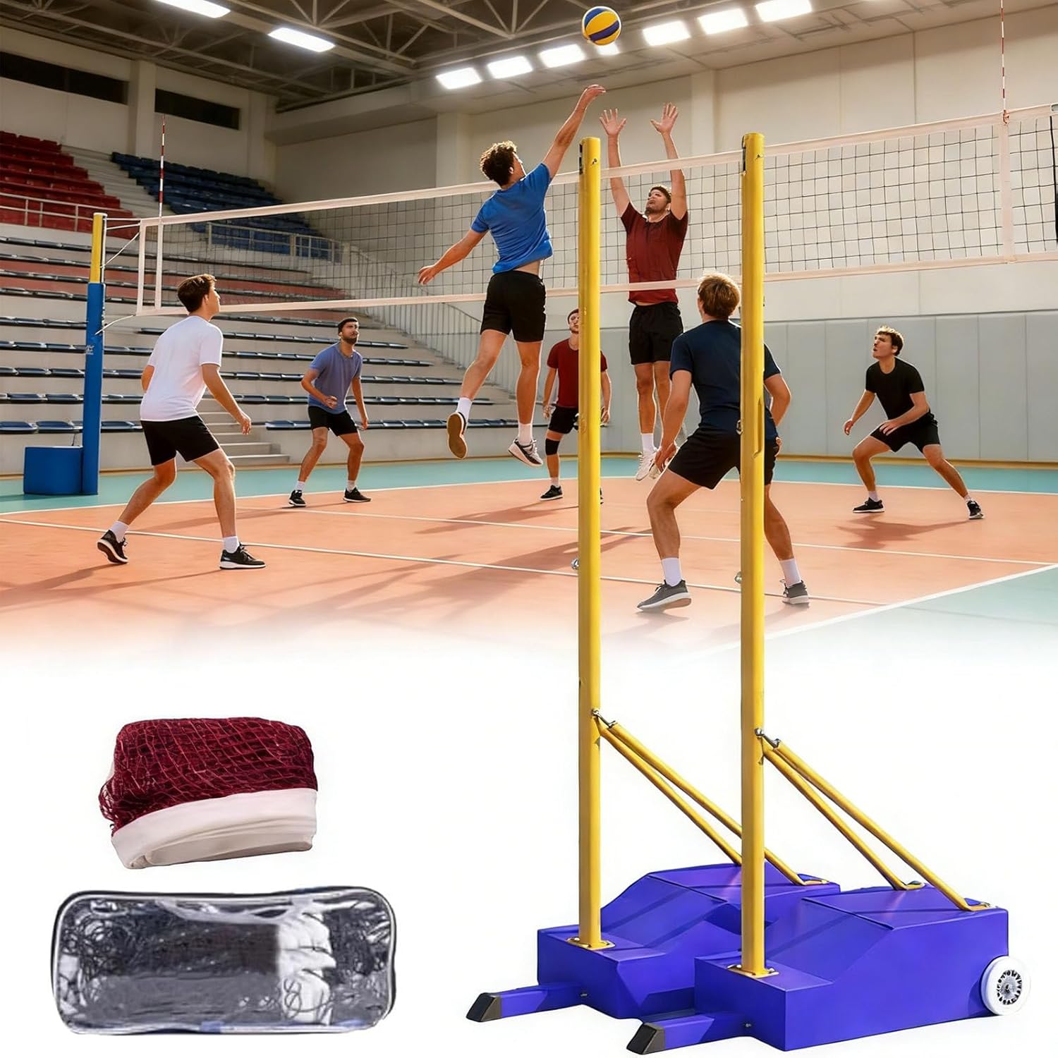 Adjustable Volleyball Poles with Heavy-Duty Base & Net, 5ft-6.8ft for Backyard, Indoor & Outdoor Use, Perfect for Kids and Adults, Durable Volleyball Equipment