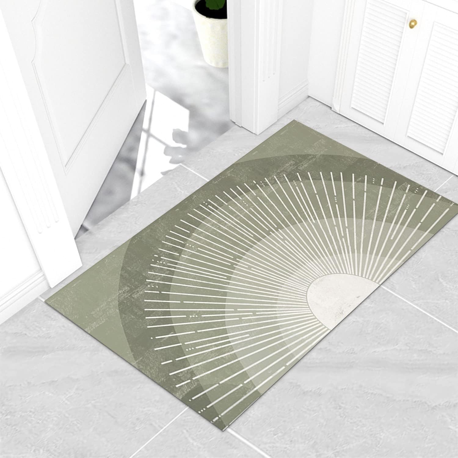 GUBIYU Boho Bedroom Rug Sun Ray Area Rugs Runner Olive Green Modern Abstract Non Slip Bathroom Rug for Laundry Room Livingroom Cute Nursery Kids Room Entryway Rugs 23.6"x35.4"