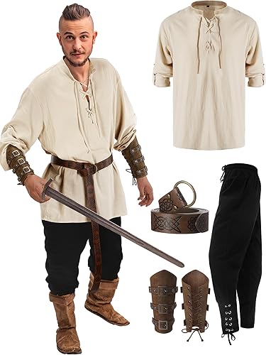 Jiuguva - Disfraz renacentista medieval para hombre, juego de 4 piezas con camisa de pirata medieval, pantalones con bandas de tobillo, accesorios