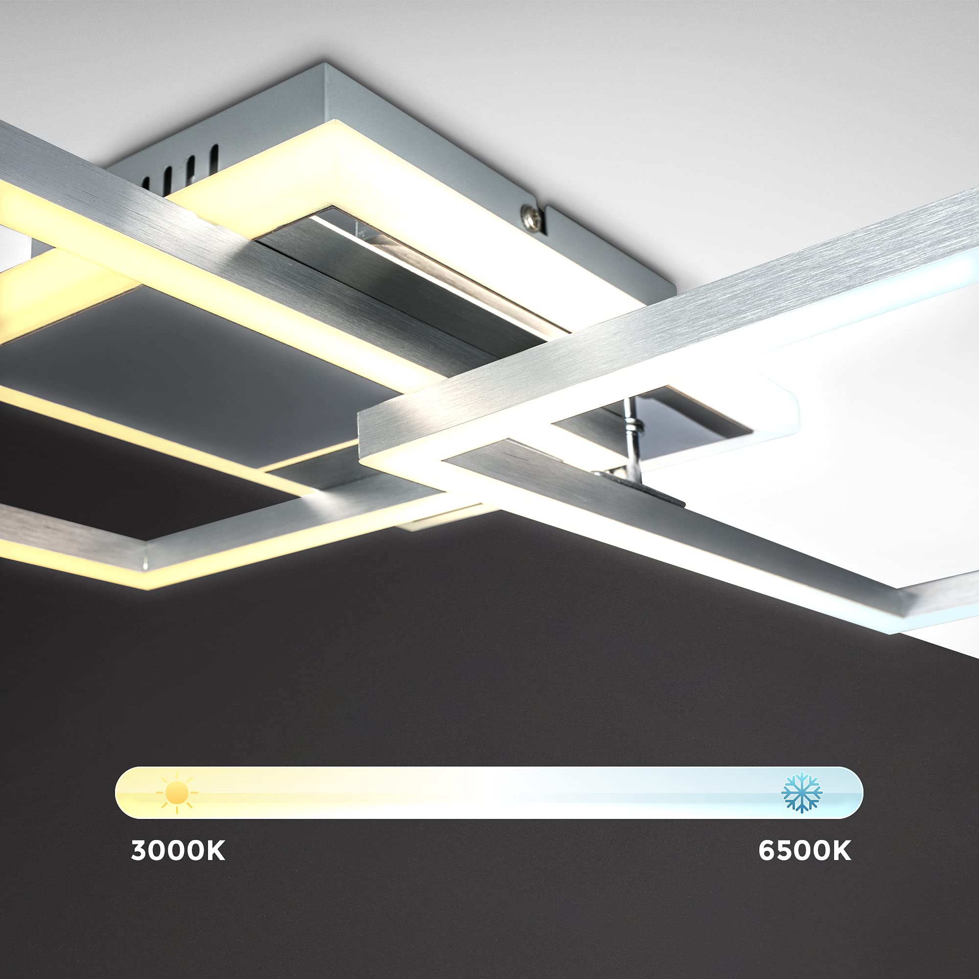 B.K.Licht Plafón LED de 40 vatios I giratorio I color regulable I regulable de forma continua I Función de luz nocturna I Mando a distancia I Lámpara de techo LED I Aluminio cepillado