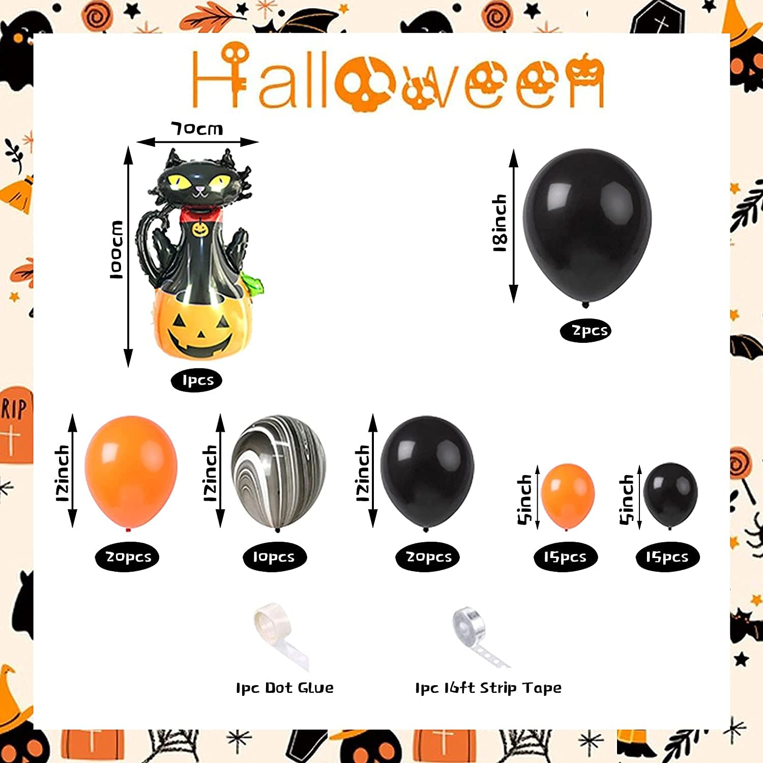 Kit Arche De Ballons Halloween 152 Pièces - Orange, Blanc, Noir Avec Citrouille Et Fantôme En Aluminium - 14