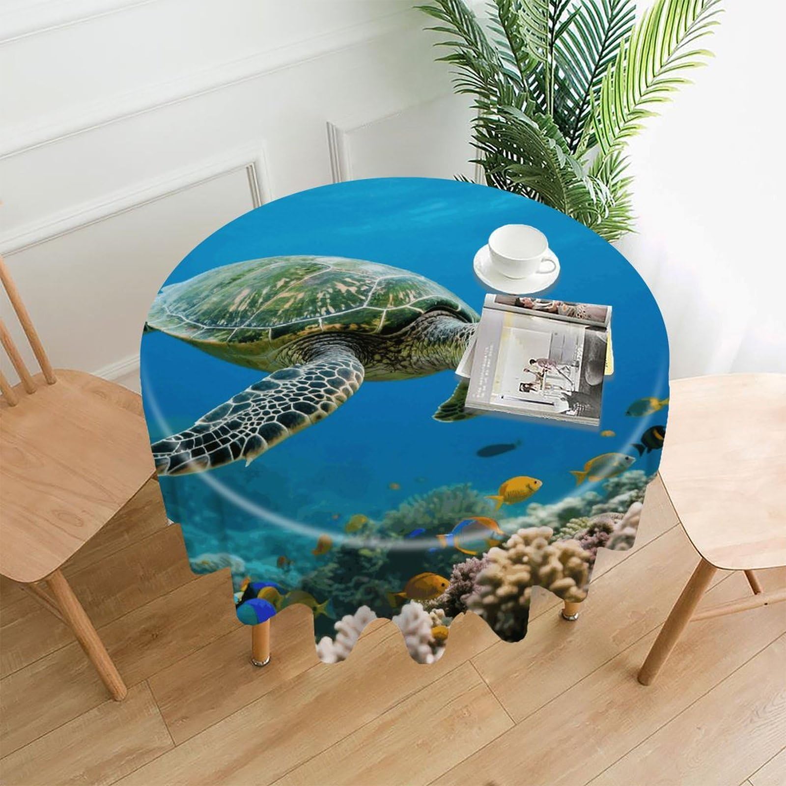 Green Sea Turtle Tablecloth Exquisite Wrinkle-Free Straight-Edge Round Table Cloth Anti-Fading Premium Polyester Tablecloth Waterproof Folding Table Cloths for Tables Decor