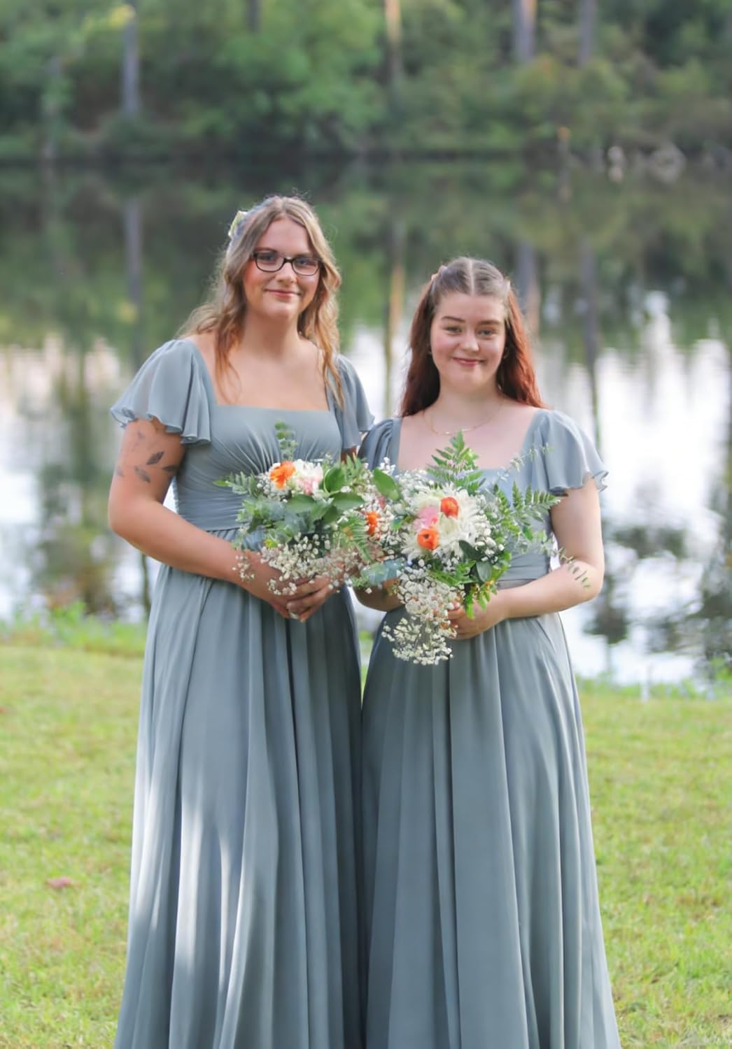 Flutter Sleeves Bridesmaid Dresses Square Neck Chiffon Maxi Dress A Line Formal Dress with Pocket ZU022