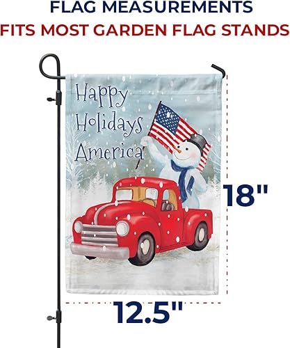 Miniatura 6 de Bandera de jardín de doble cara  Happy Holidays America  12.5 x 18 pulgadas, muñeco de nieve patriótico, decoración navideña con camión rojo,