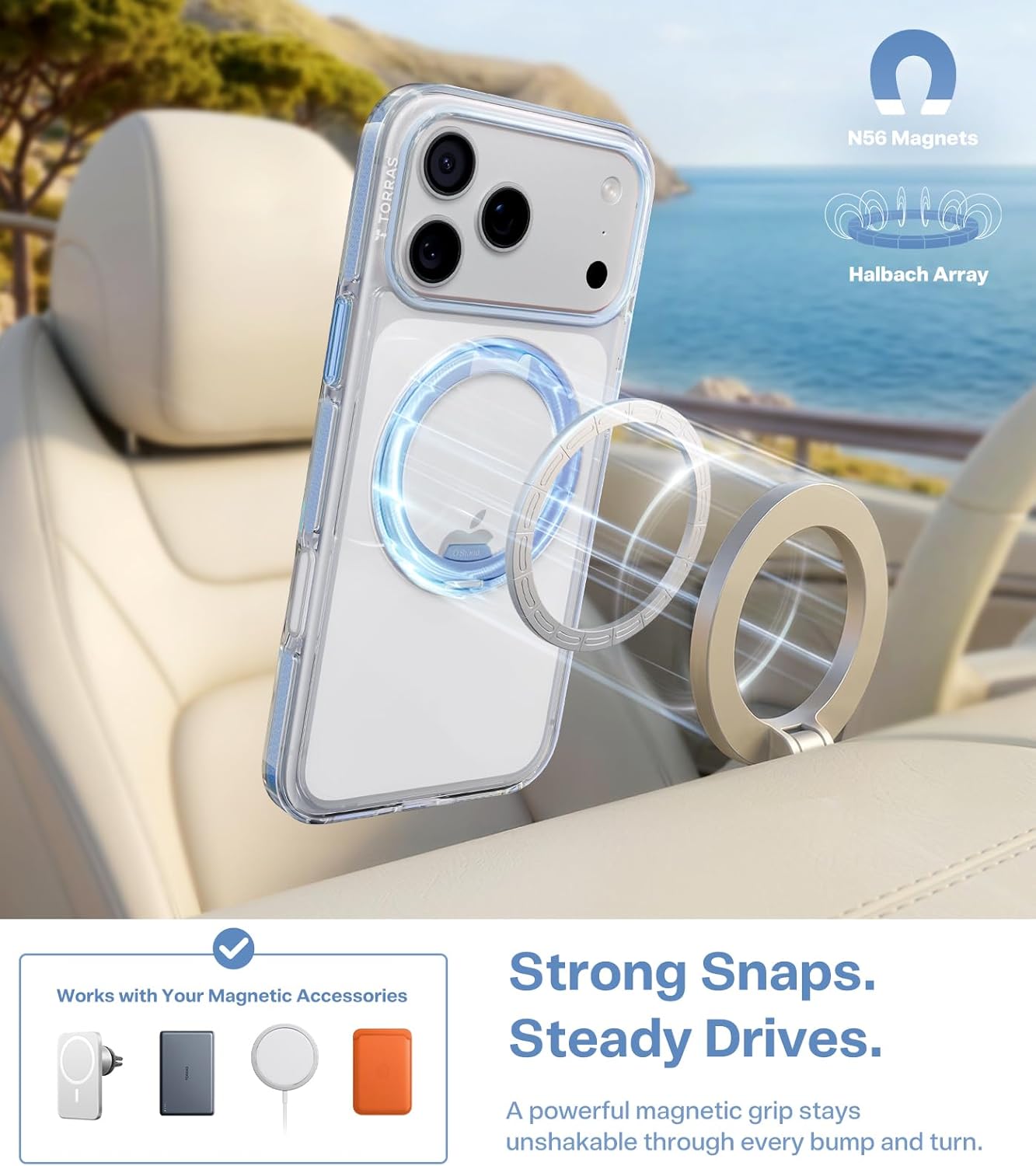 TORRAS O3 Light for iPhone 17 Pro Case Cute, 360 Magnetic Stand, [Fit for MagSafe] [4X Military-Grade Protection], Ultra Clear Case for iPhone 17 Pro Phone case, Sky Blue, 6.3"