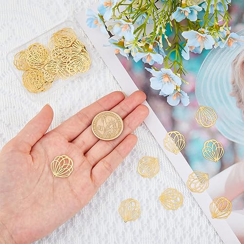 Miniatura 3 de 40 dijes de filigrana de acero inoxidable con diseño de flor, adornos de metal grabados, chapados en oro de 18 quilates, para manualidades,