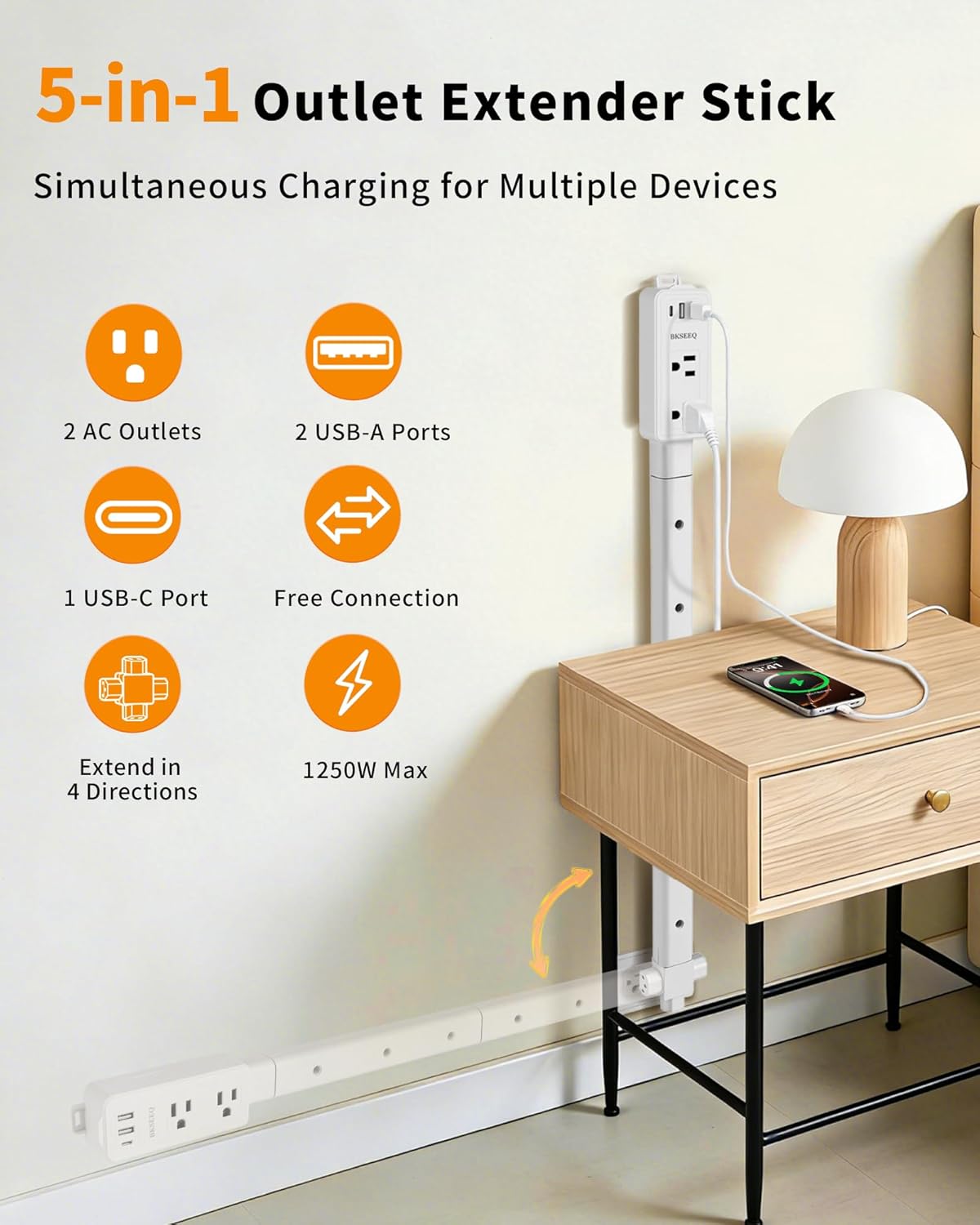 Extendable Outlet, Electrical Outlet Extender Stick with 1 USB-C & 2 USB-A, 2 AC Outlets, Power Socket Expander Features 4-Way Plug, Hard-to-Reach Outlets, Extends 6.3–33.5" for Behind Couch, Bed