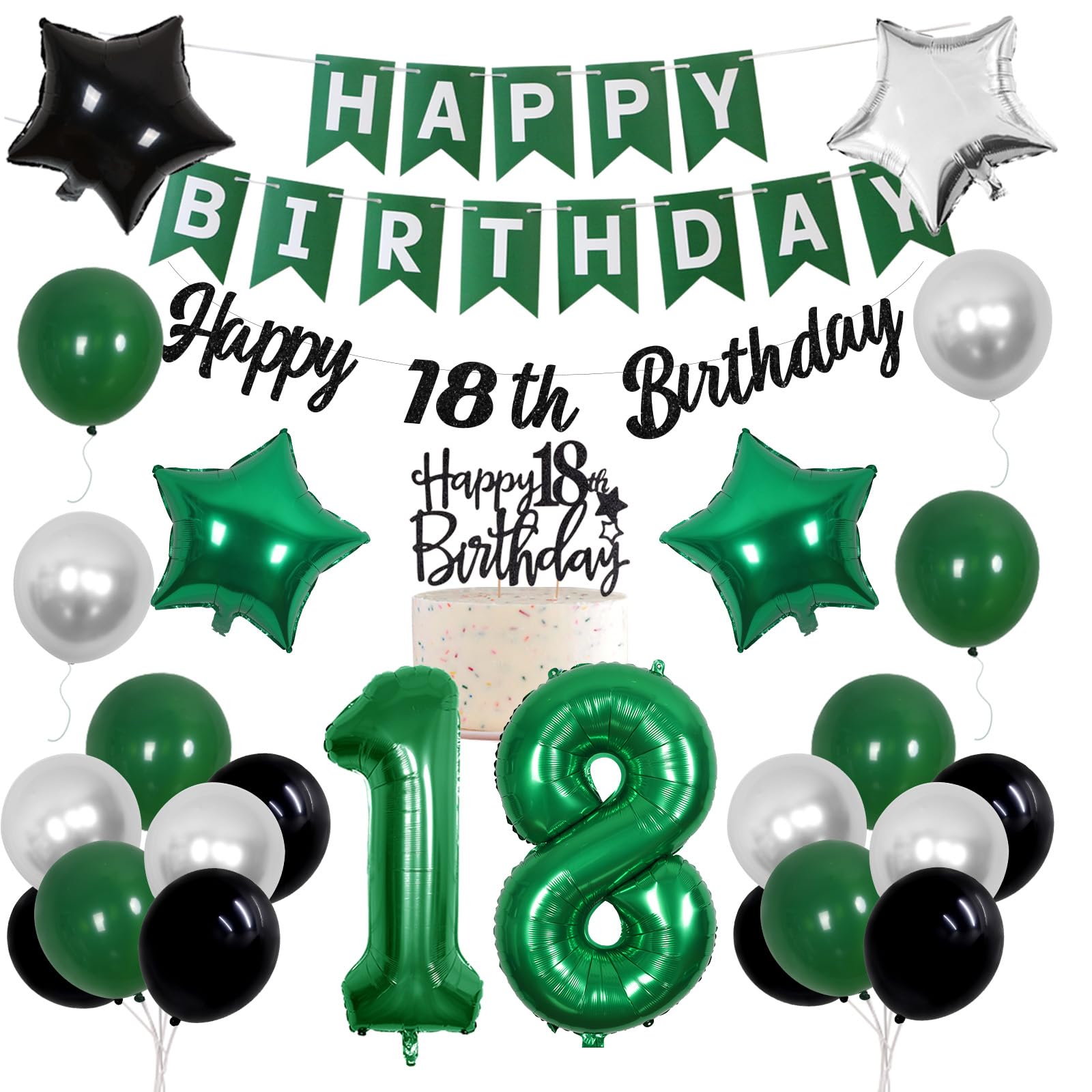 18th Birthday Decorations for Boys Green,Time To Adult Happy Birthday Banner Cake Topper Number 18 Foil Balloon for 18 Year Old Birthday Party Supplies