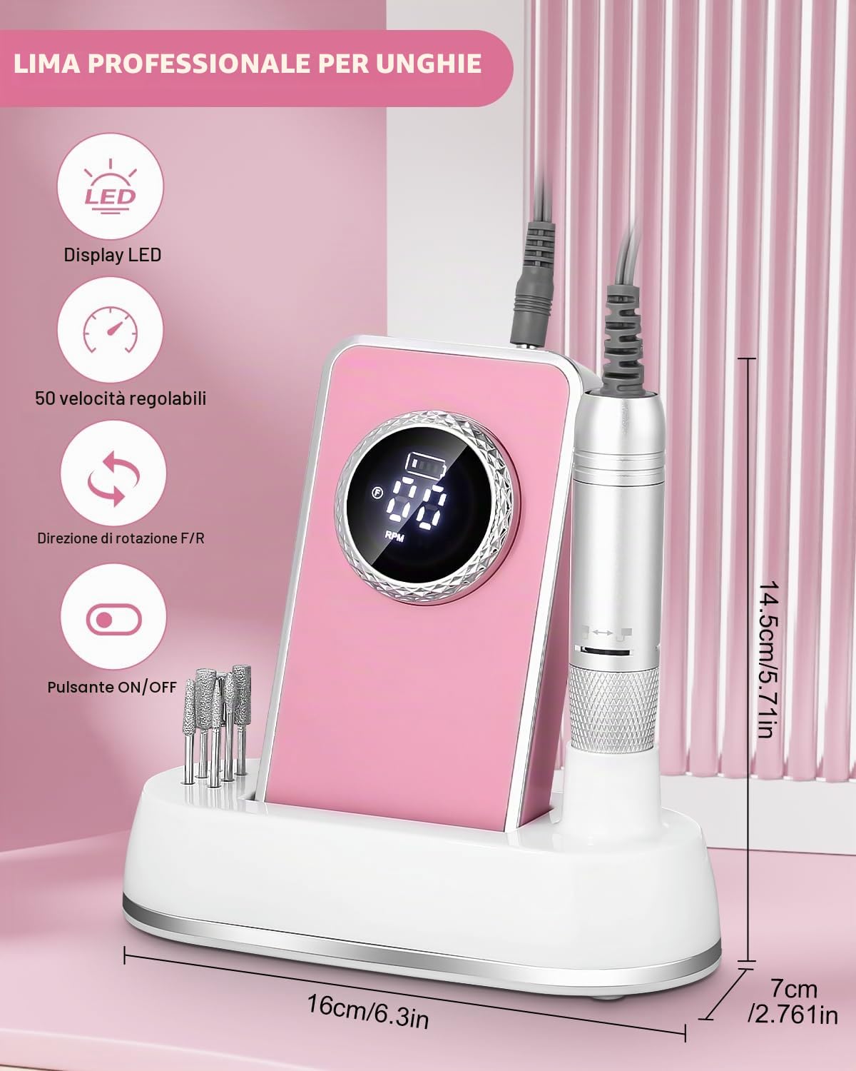 Fresa per Unghie Professionale 50000 Giri,Lima Elettrica Portatile per Unghie,Lima per Unghie Elettrica con display LCD,Set Manicure Elettrico per unghie in gel per Casa Salone