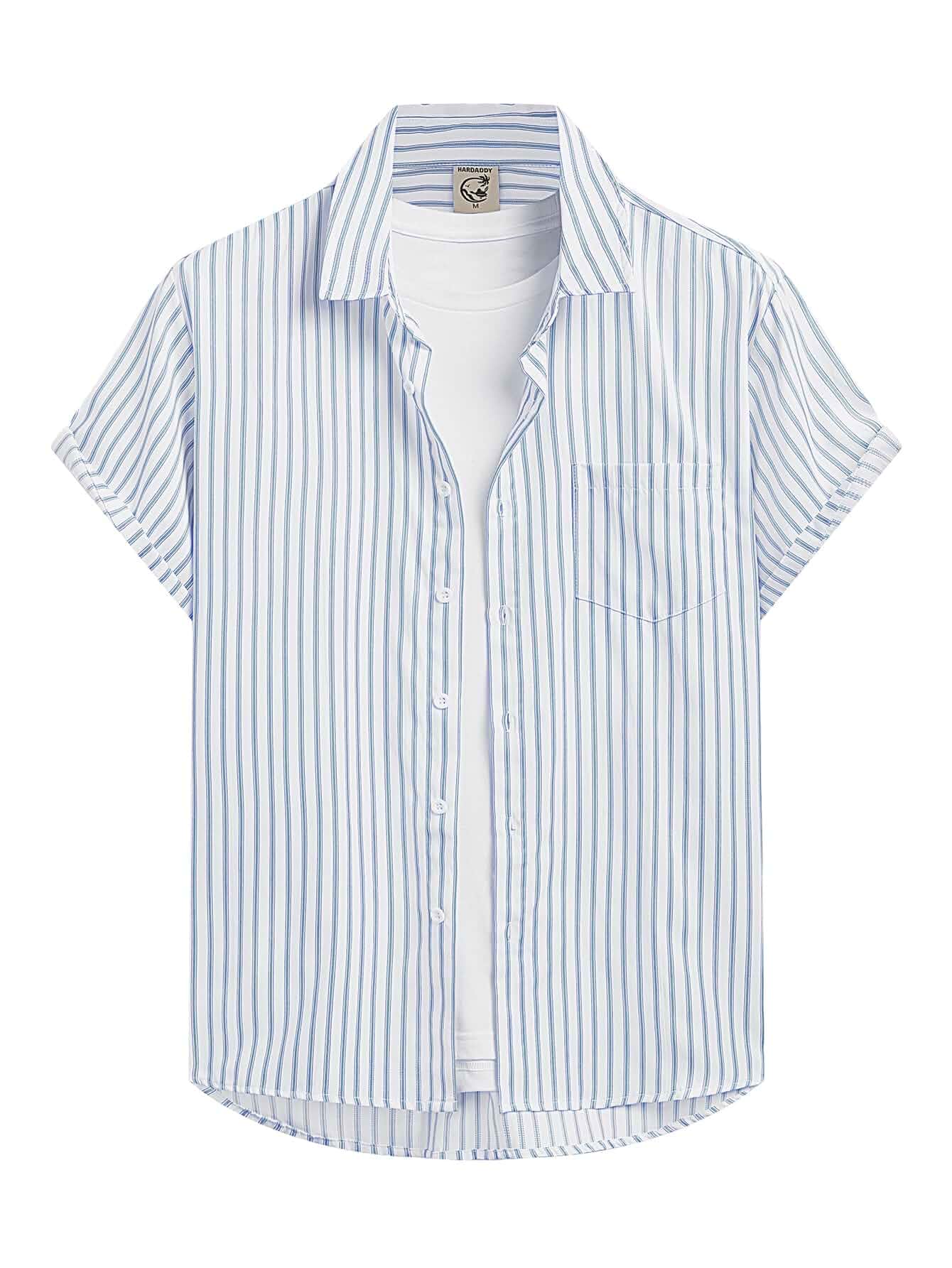 Hardaddy Men's Casual Striped Shirts Button Down Short Sleeve Blouse Summer Hawaiian Shirt