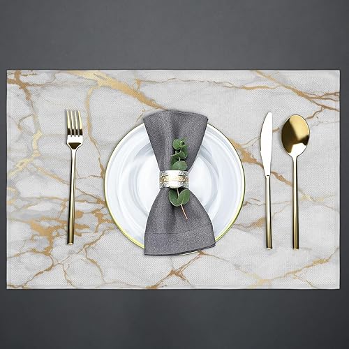 Miniatura 4 de Juego de 6 manteles individuales cuadrados de tela con textura dorada de mármol para mesa de cocina, resistentes al calor, fáciles de limpiar, 12 x