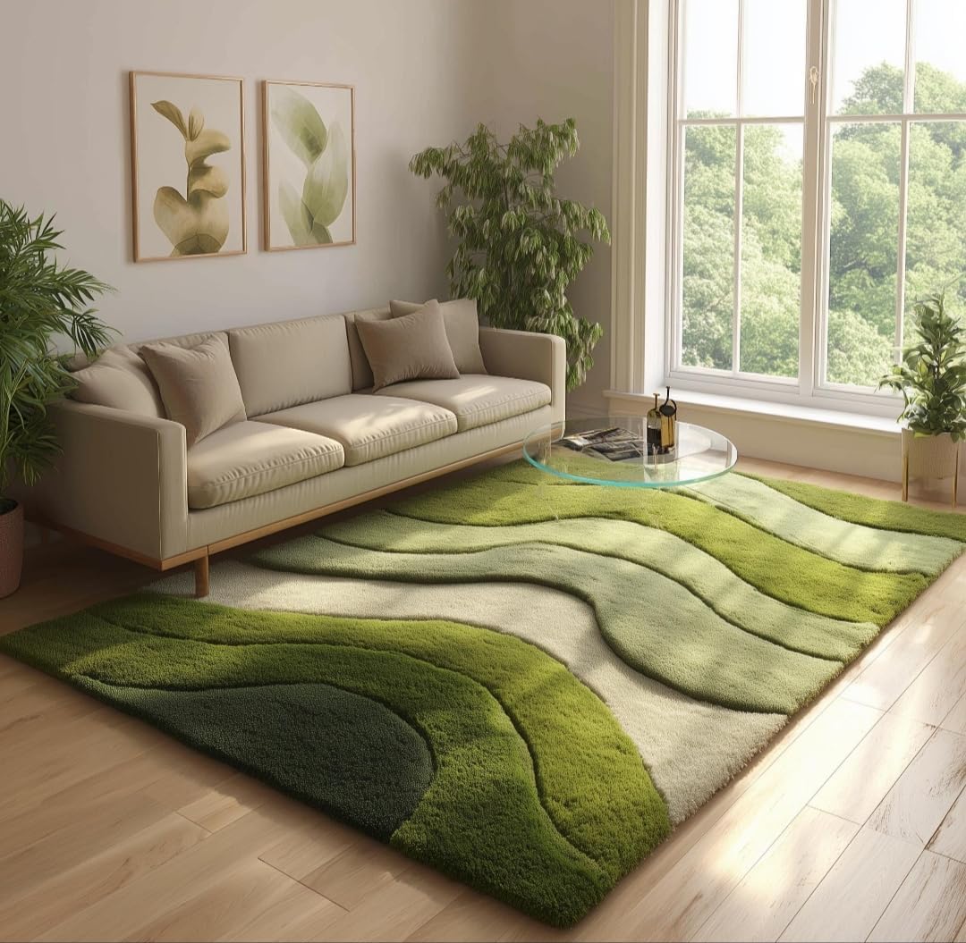 Green Abstract Wave Area Rug, Tufted, Multi-Shade Living Room and Dining Room Carpet (8' x 10' Feet)