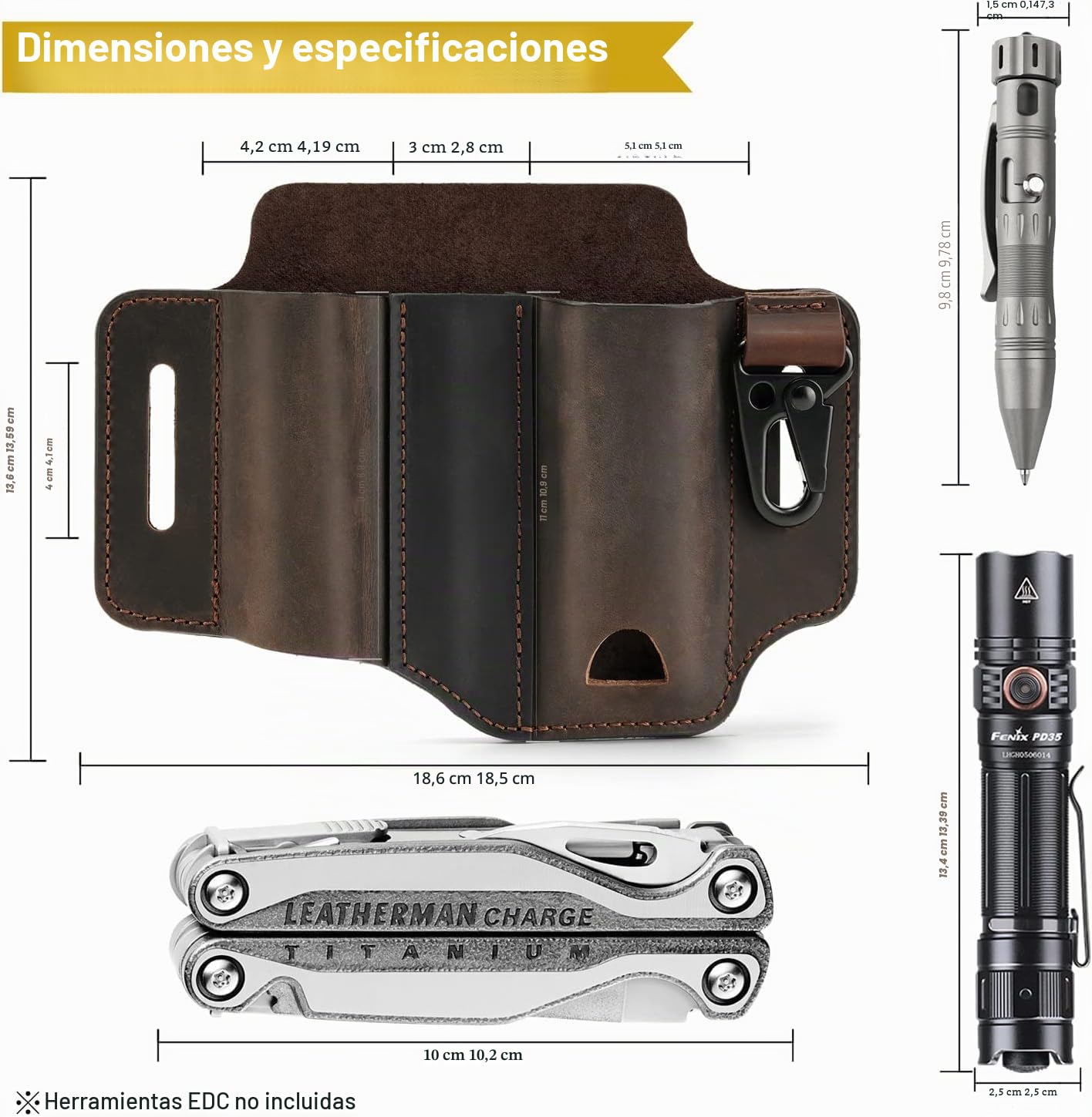 VIPERADE PJ13 EDC Funda de cuero, Multitools Funda/Herramientas Funda/Cuchillo Cinturón Funda/Linterna Vaina para Leatherman Multitools/Cuchillos, Hecho a Mano 3 Bolsillos Organizador Funda