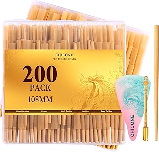 Cones Rolling Paper 108mm Preroll 200 Pack Rolled Cones -Natural Slow-Burning Cones Rolling Paper with Loader and Packing Sticks