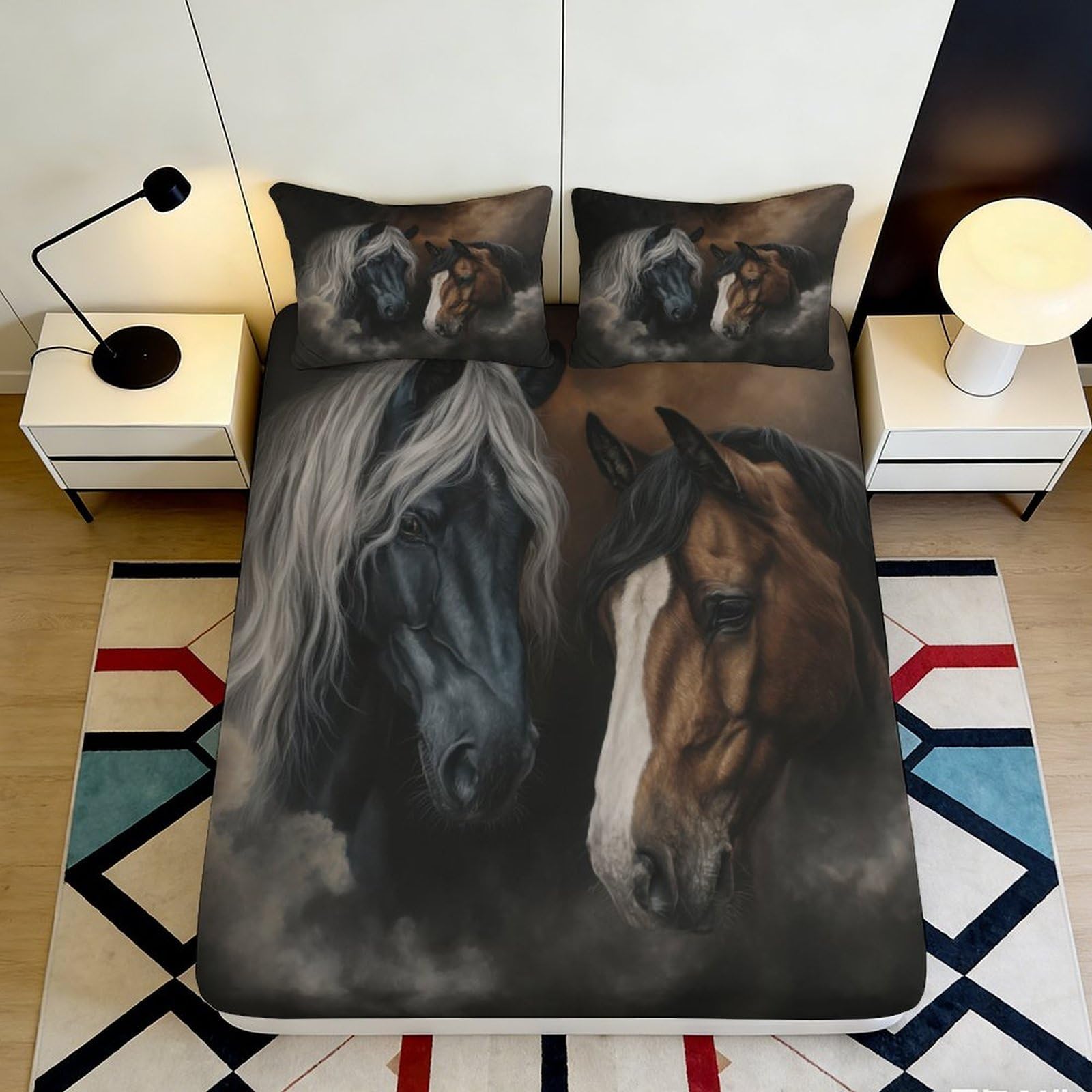 3D Printing Horse Pattern Fitted Sheet Microfiber Deep Pocket Bedroom Bedding Non-Slip Horse Mattress Fitted Cover for Adults Teens 90x200x25cm