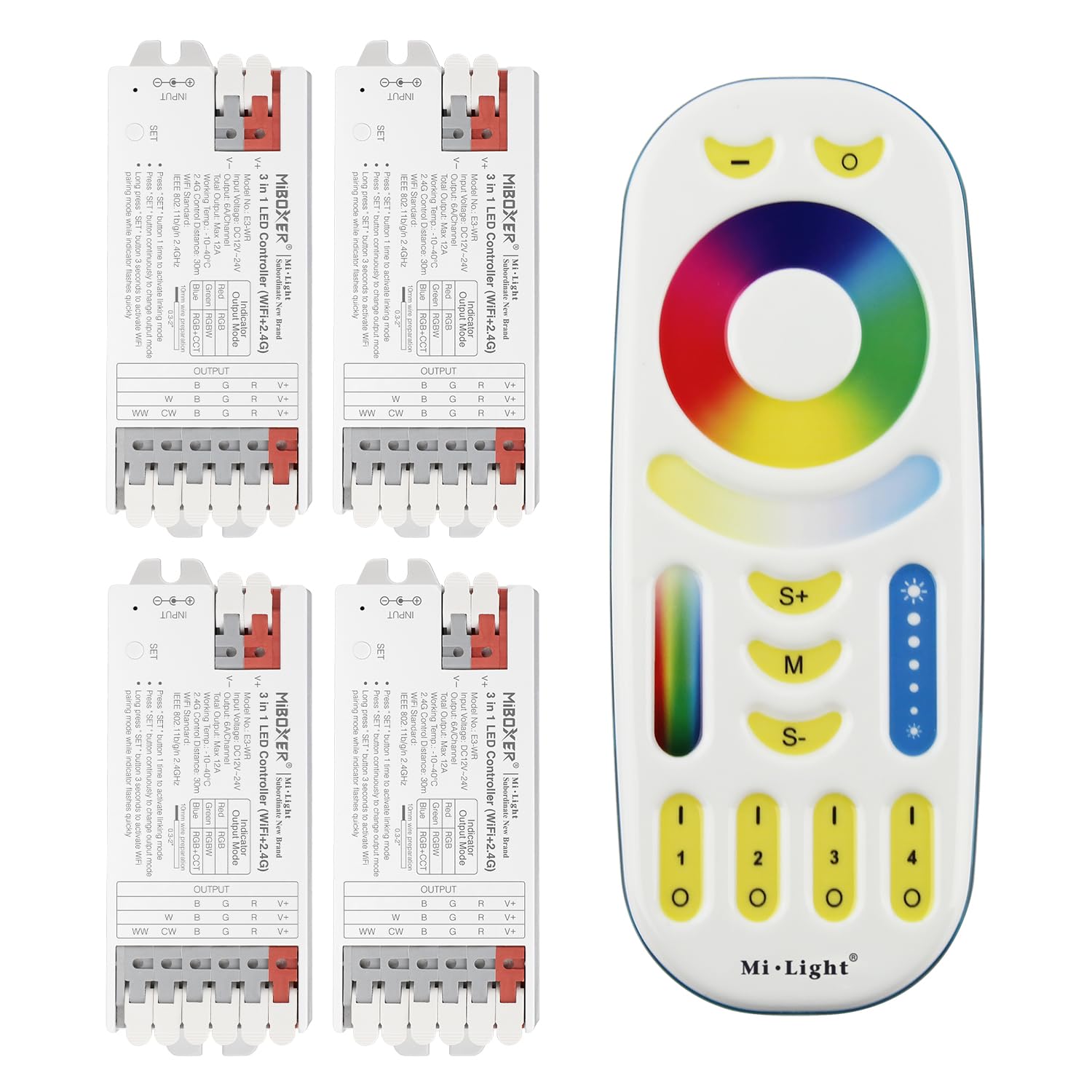 lighteu LIGHTEU®, Milight Miboxer 3 in 1 LED Strip Controller (WiFi+2.4G) RGB RGBW RGBCCT, Tuya Smart Amazon Alexa und Google Home Sprachsteuerung Bluetooth 4.2 unterstützen DMX512, 4x E3-WR + FUT092