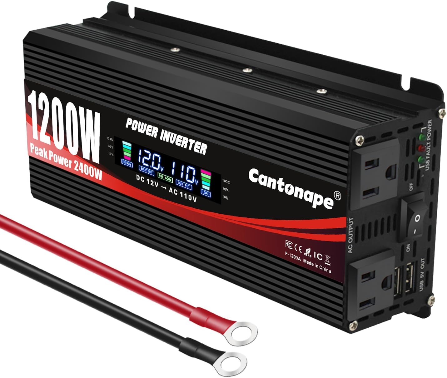 Cantonape 1200W Car Power Inverter DC 12V to 120V AC LCD Display Dual Outlets USB Ports Camping Truck Laptop Charger
