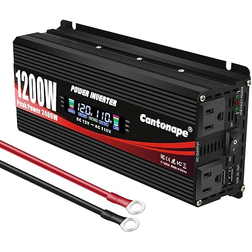 1200W Car Power Inverter DC 12V to 110V/120V AC Converter with LCD Display Dual AC Outlets and Dual USB Car Charger for Car Camping Laptop Truck Black
