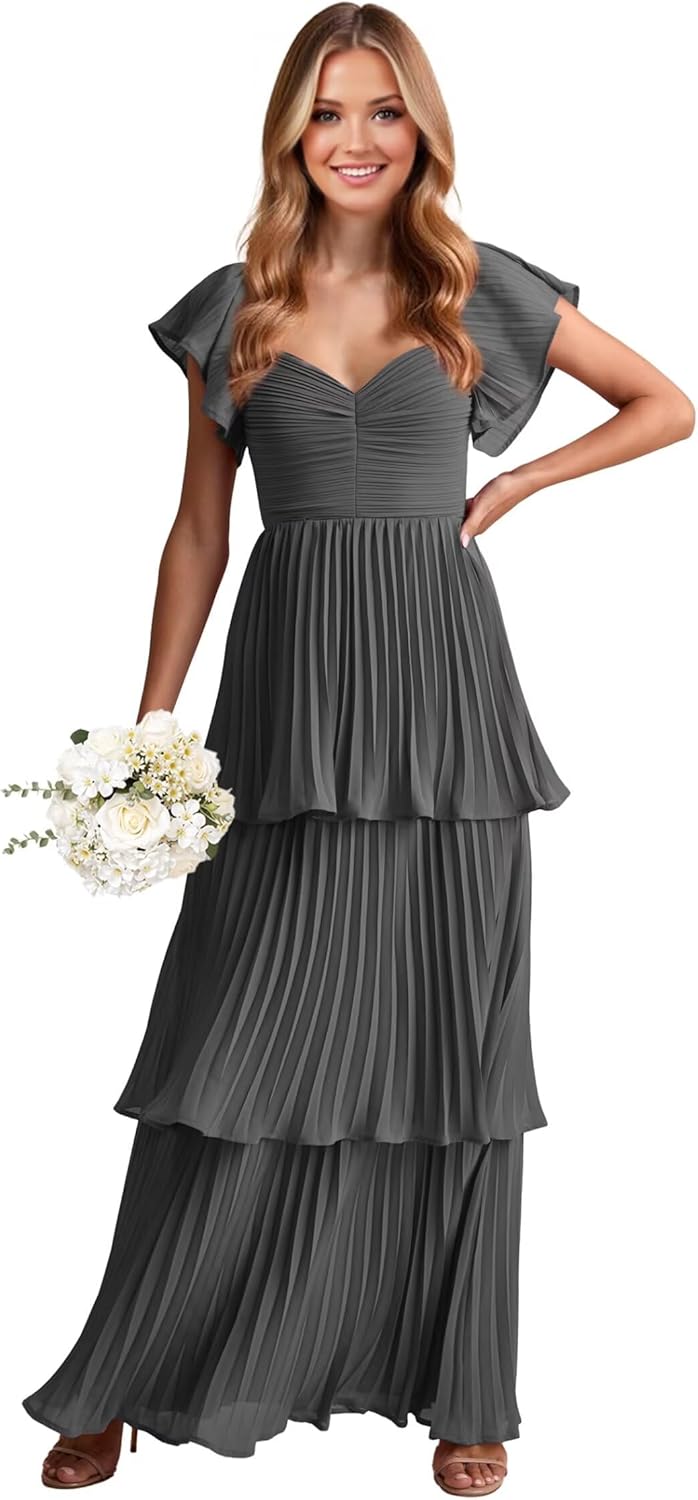 Tiered Ruffles Pl Size Bridesmaid Dresses with Pocket for Women 2026 Long Gray Chiffon Prom Dresses for Teens A Line Pleated Short Sleeve Backless Formal Evening Gown Size 16W