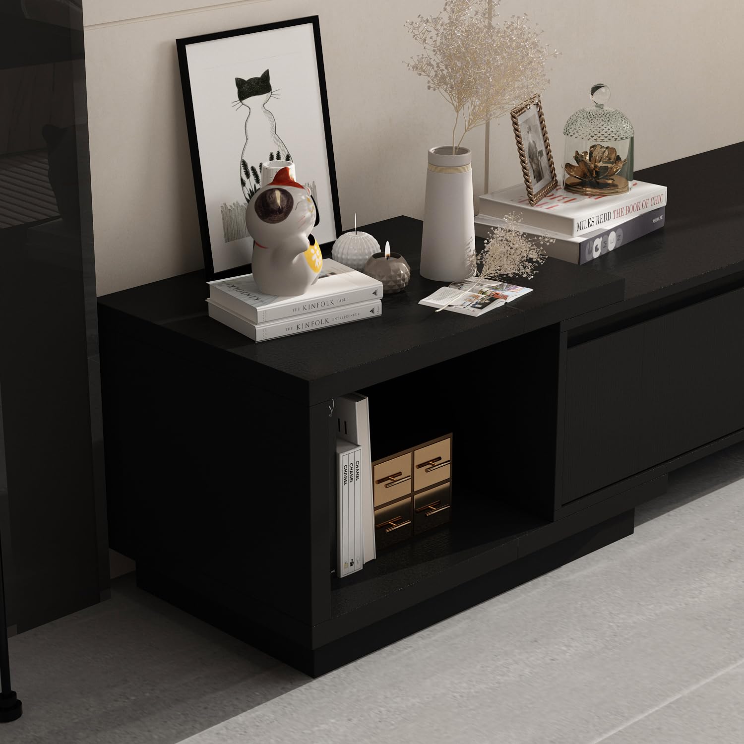 Caldion Verstellbares TV Schrank,160-270 cm Breit,Lowboard für Fernseher,Fernsehtisch mit 3 Schubladen,Tv Board,Tv Tisch,TV Bank,für Wohnzimmer Schlafzimmer,Schwarz,270x40x39cm