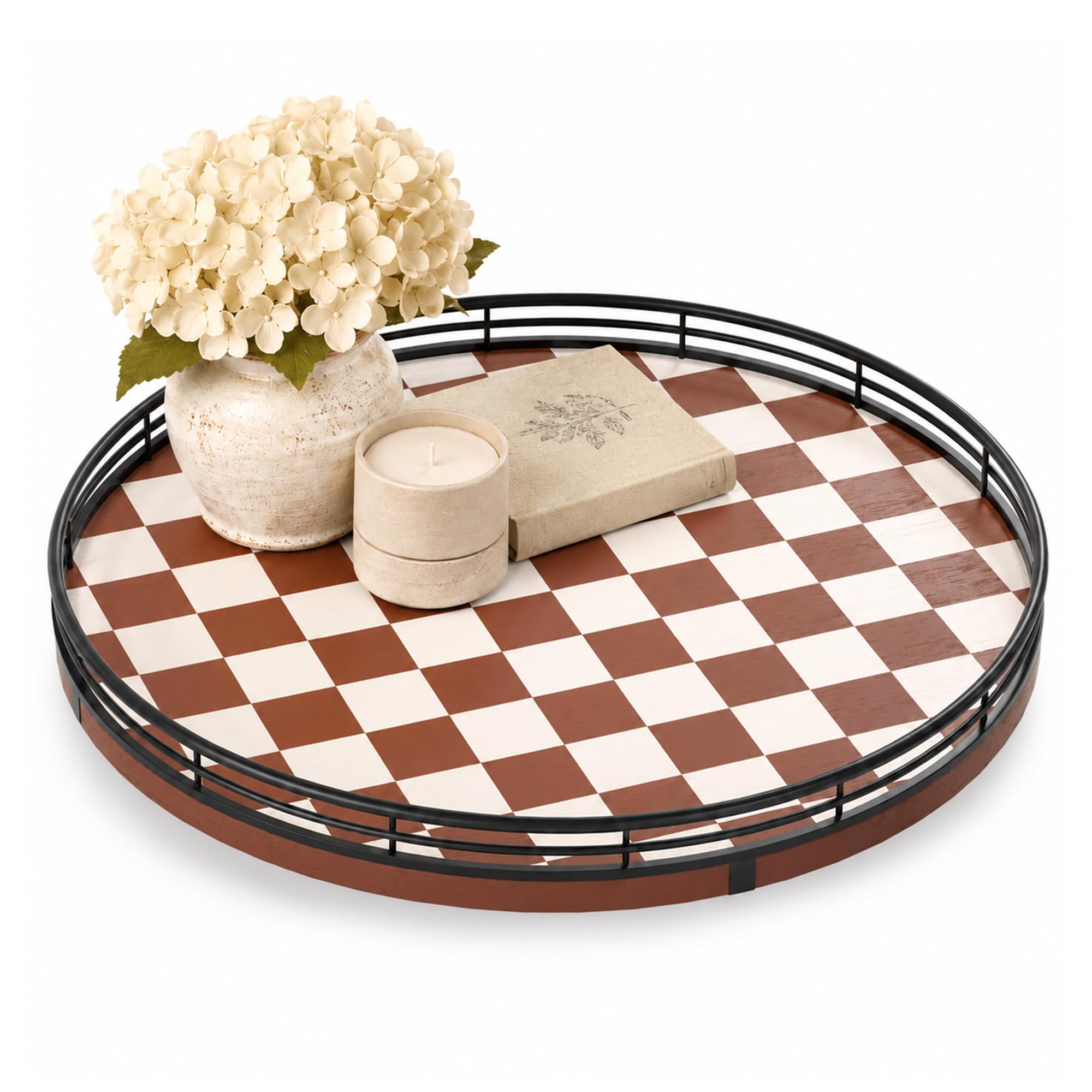 AMH 12-Inch Brown Checkerboard Lazy Susan with Black Metal Rail