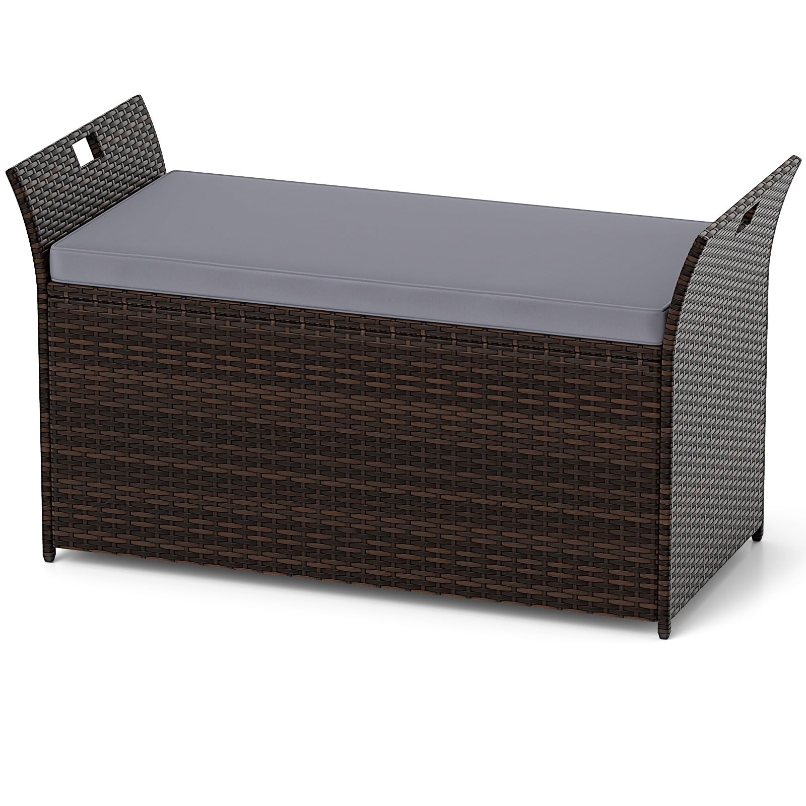 COSTWAY Banco Exterior con Ratán PE, Banco Almacenaje Exterior con Cojín y Manijas Laterales, Baul Almacenaje,125 x 56 x 71 cm, Marrón Rústico