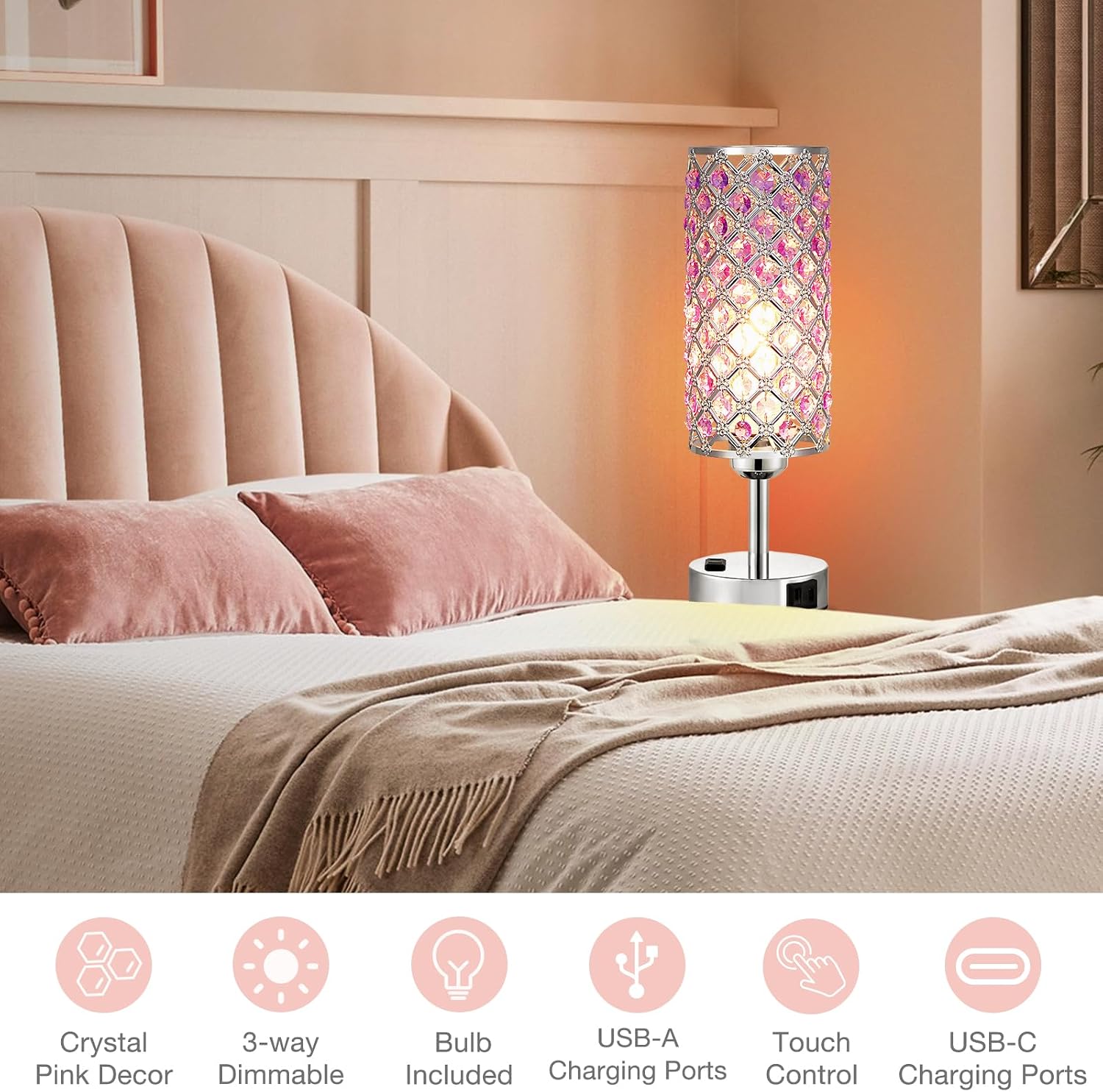 Hong-in Crystal Lamps Set of 2, 3 Way Dimmable Touch Lamp with Crystal Shade, Bedside Nightstand Lamps for Living Room Bedroom Home Office(Purple)