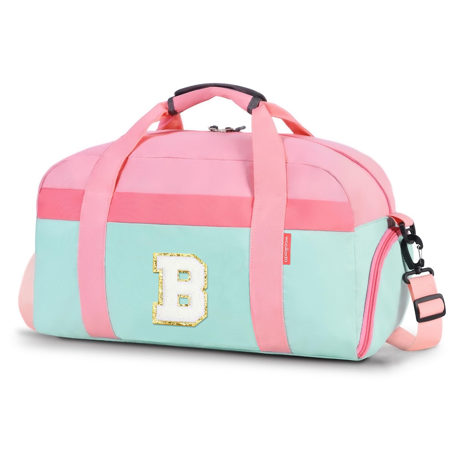 Initial Kids Duffle Bag for Boys or Girls, Kids Overnight Bag with Shoe Compartment, Personalized Weekender bags, Birthday Gifts for Women Boys Girls(Pink Green-Letter B)