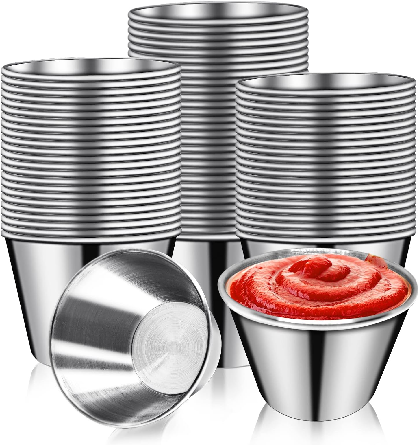 DJZZ 50 Pcs Metal Sauce Cups 2.5oz Ramekins, Stainless Steel Dipping Sauce Cups Metal Condiment Container Reusable Round Butter Dressing Restaurant Small Bowls (50)