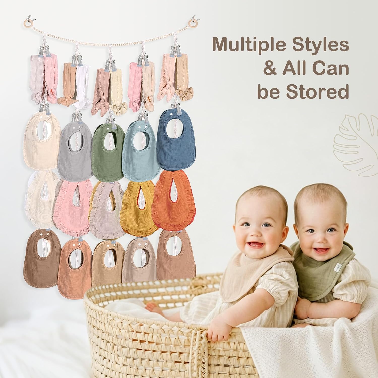 MOFASVIGI Headband Holder Baby Bibs Holder, Pacifier Clip Organizer Cotton Neutral Bandana Burp Cloths Storage Hanging Wall Decor for Newborn Girls and Boys Room