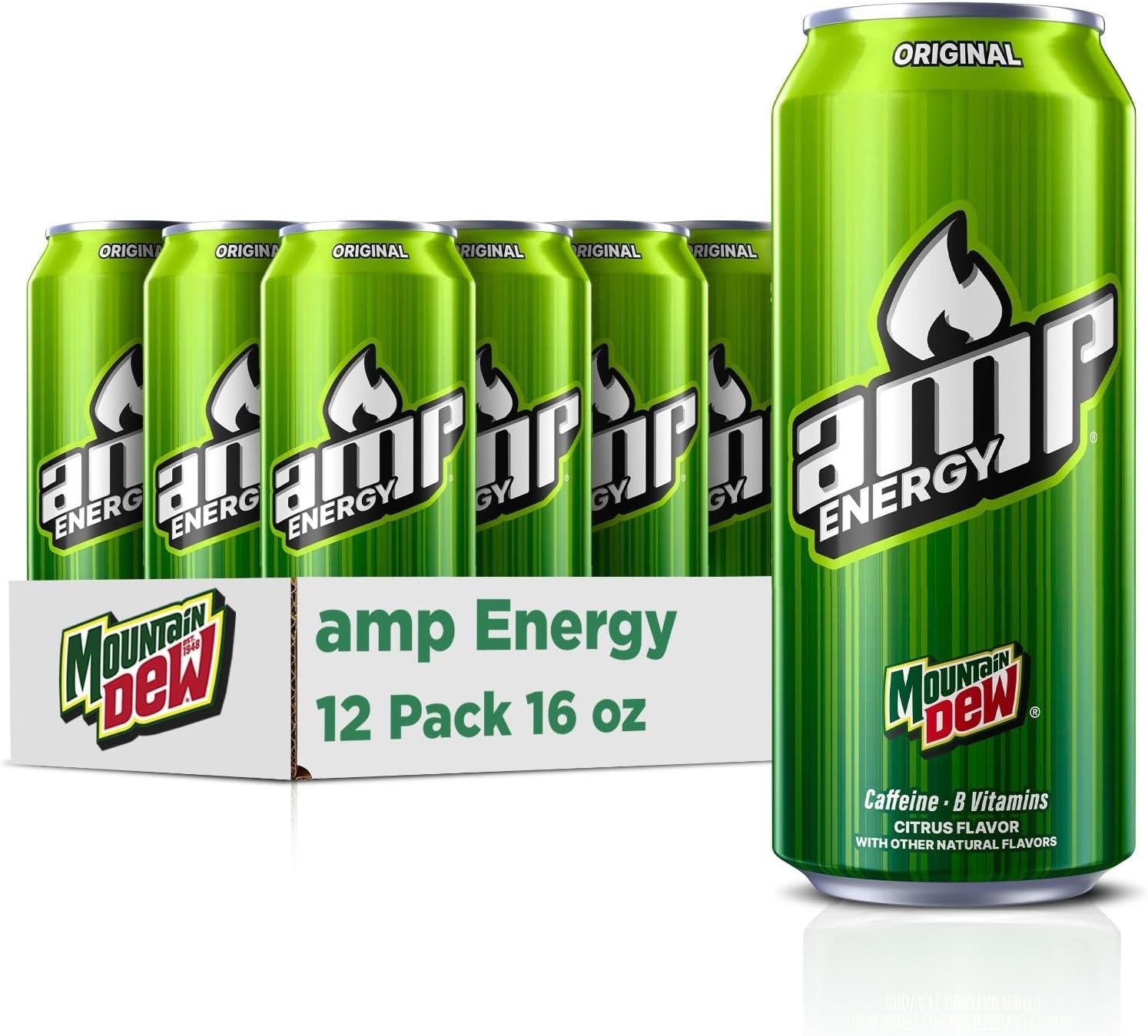 Mtn Dew AMP Energy, Original, Energy Drink with Caffeine, B Vitamins, 16 fl oz cans (12 Pack), Packaging May Vary