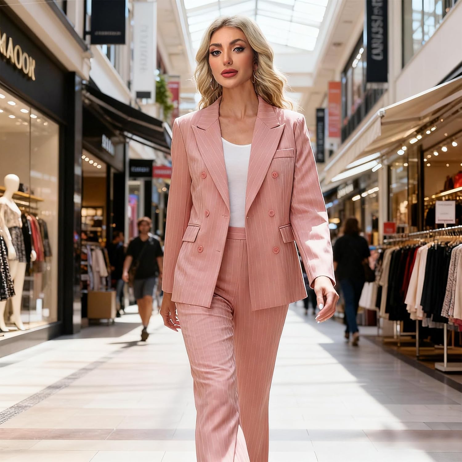 Women's Suit 2 Piece Pants Set Business Pinstriped Double Breasted Office Slim Fit Blazer Outfits for Women - Image 3