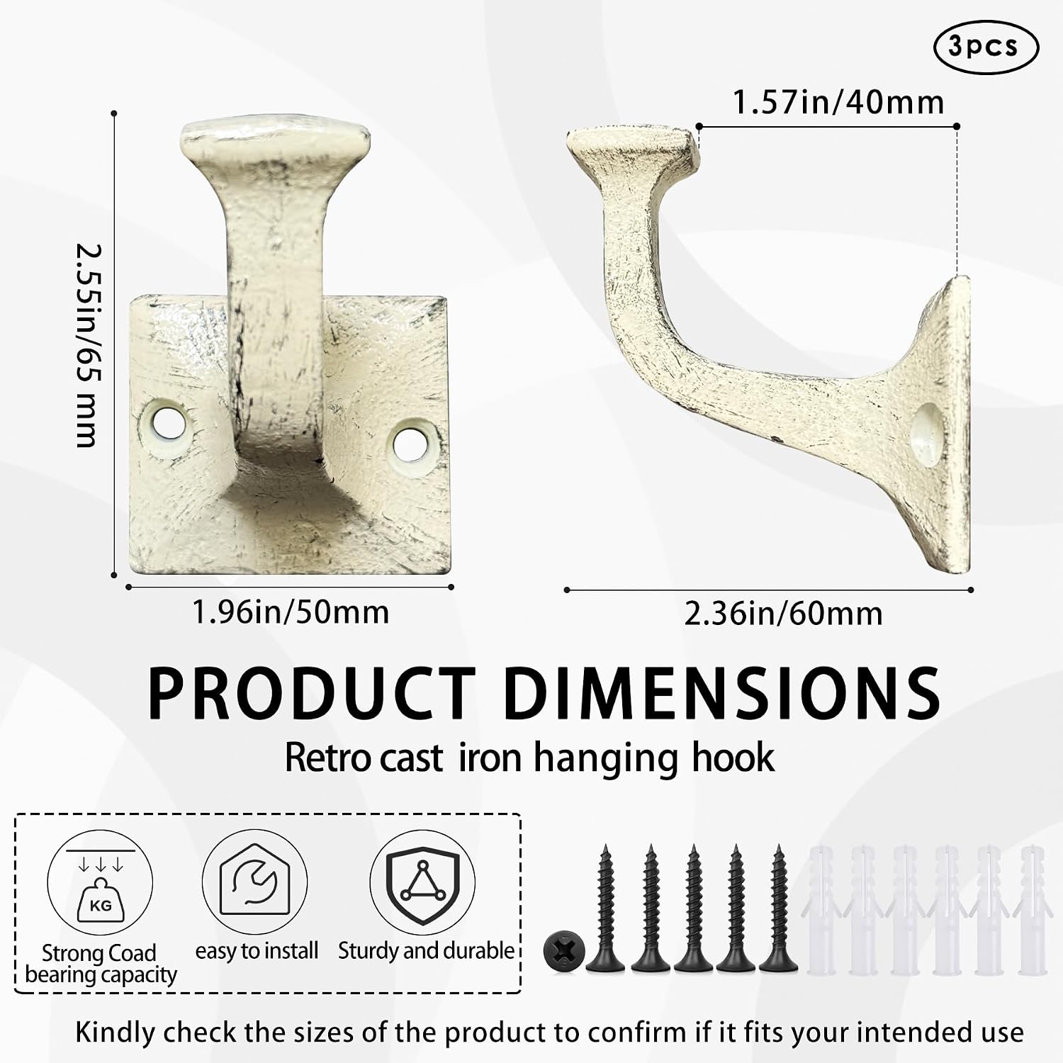 3 Pack Coat Hooks Wall Mounted, Cast Iron Wall Hooks for Hanging Heavy Duty | White load-bearing towel shower robe hanging hooks for bathrooms, rustic railroad spike hat coat hooks for bedroom entryway