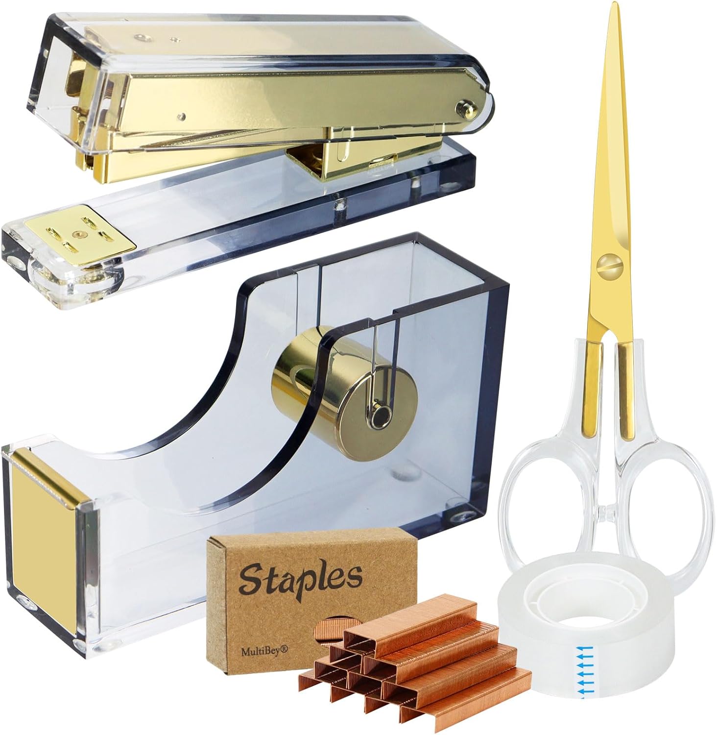 Buqoo Gradient Black Acrylic Metal Office Set 3-Piece - Heavy Duty Stapler with 1000 Rose Gold Staples(24/6 & 26/6), Tape Dispenser & Scissors, Desk Decor for Home Office Gift