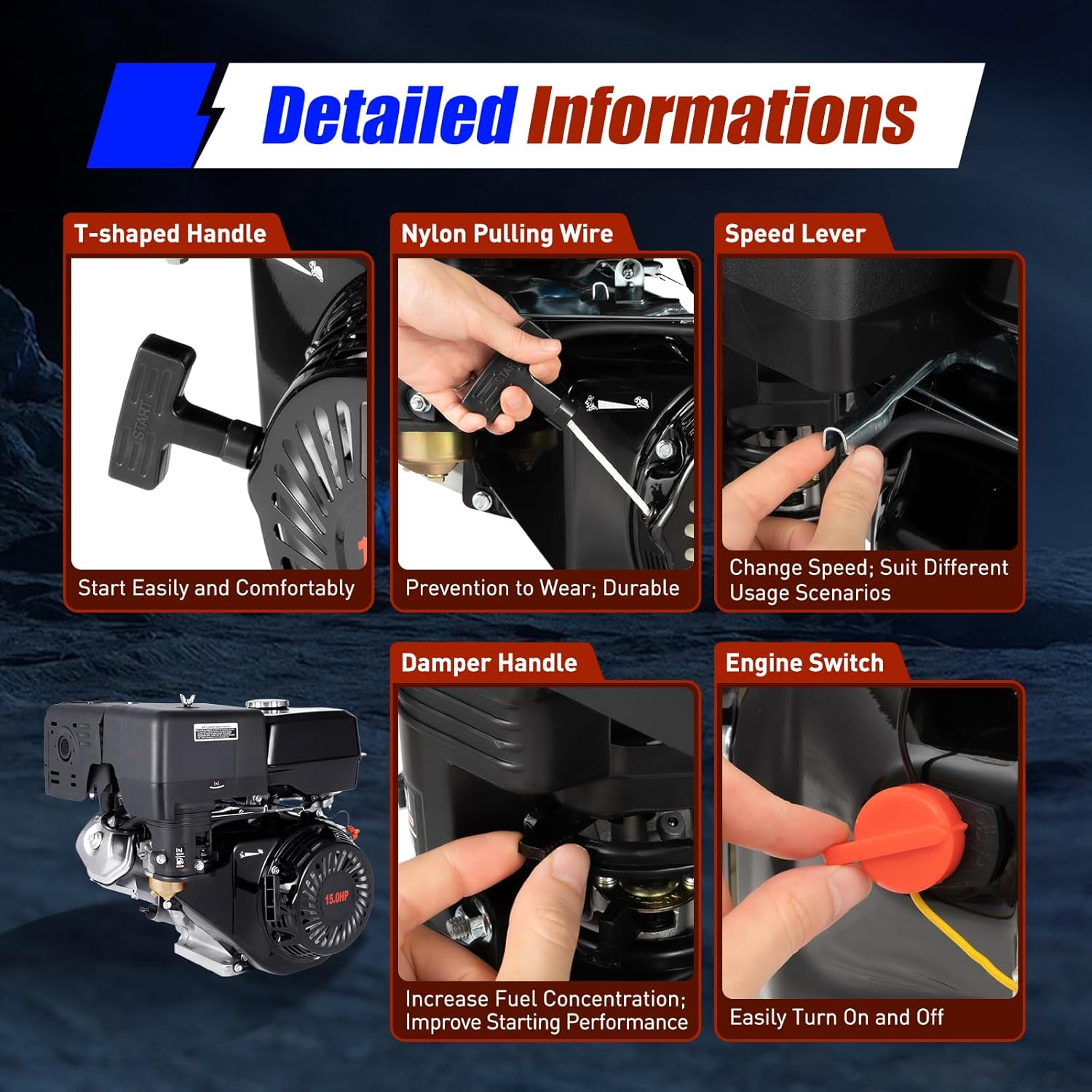 420cc 4-Stroke Gas Motor Engine,15 HP OHV Gas Powered Engine Horizontal Shaft Gas Engine Motor, Single Cylinder Recoil Pull Start Petrol Engine for Pumping Machine Microtiller (Black)