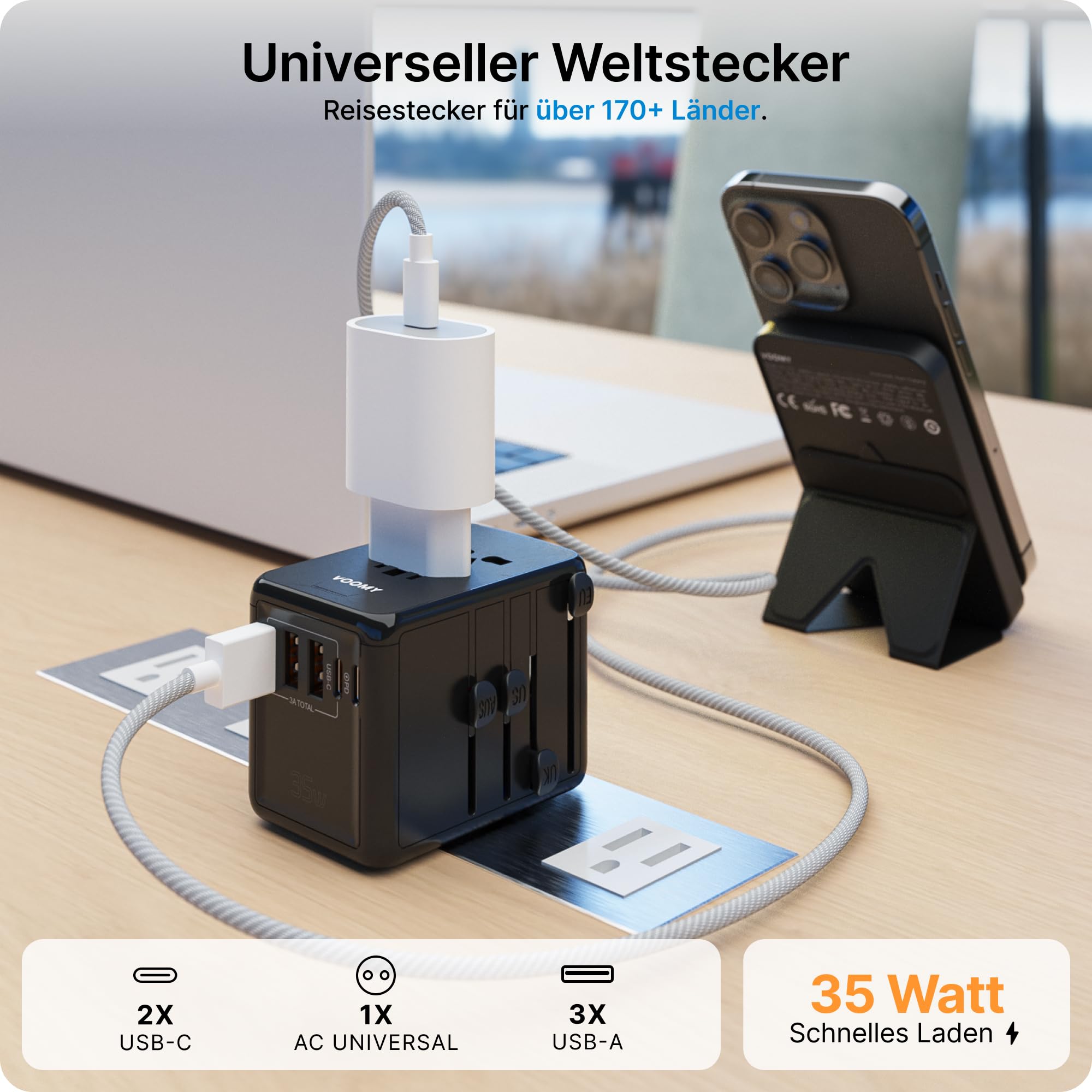 Voomy Reiseadapter Weltweit 35W, Reisestecker Adapter Weltweit mit 3 USB-A & 2 USB-C, Universal Travel Adapter für Deutschland USA England Australien Japan, Internationaler Stecker